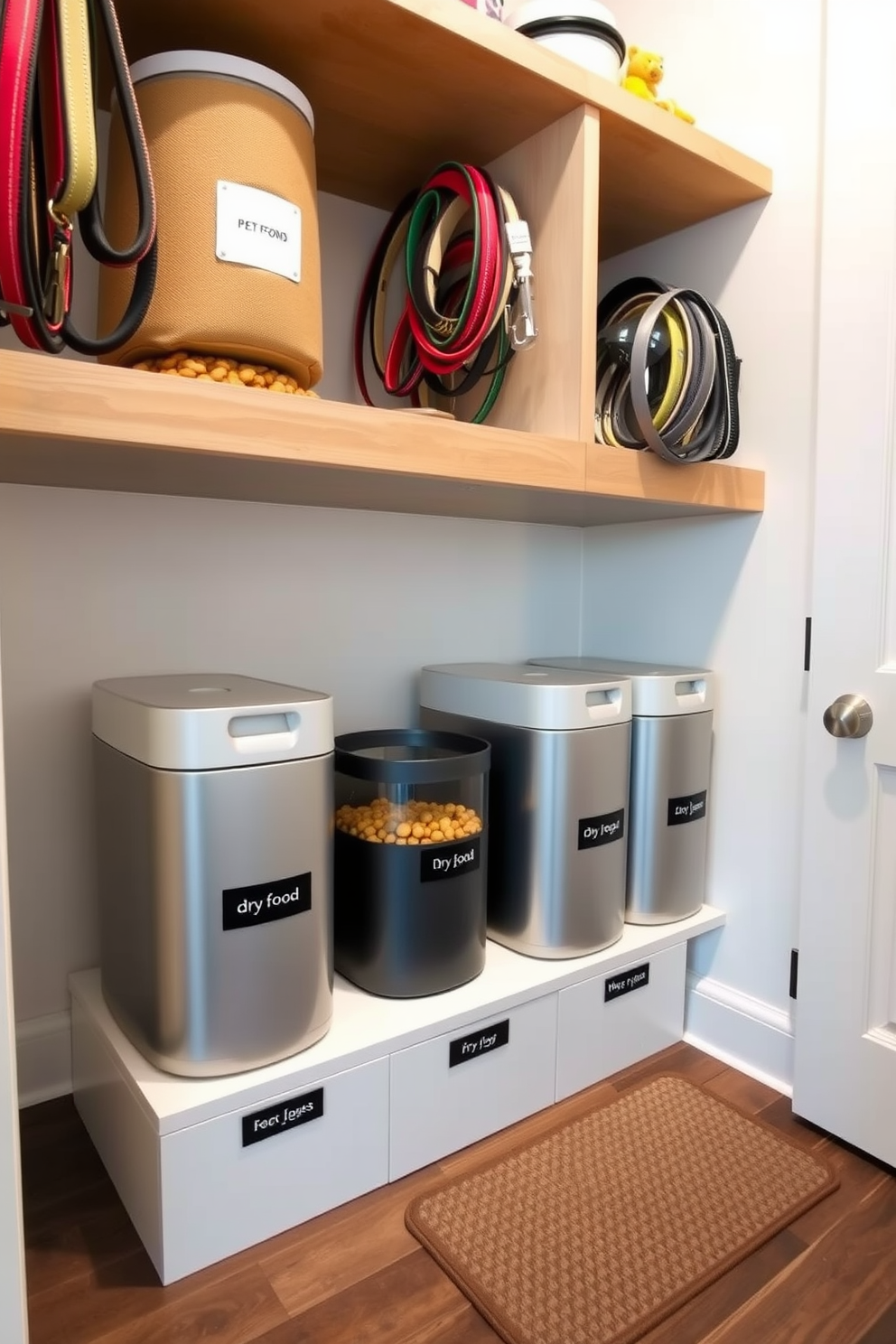 A stylish pet food area in a pantry features a designated space with sleek containers for dry food and treats. The area is organized with labeled bins and a small feeding mat, ensuring easy access while maintaining a clean aesthetic. The pantry walls are painted in a soft neutral tone to enhance the overall design. Shelves above the pet food area hold additional supplies, such as leashes and toys, keeping everything tidy and visually appealing.