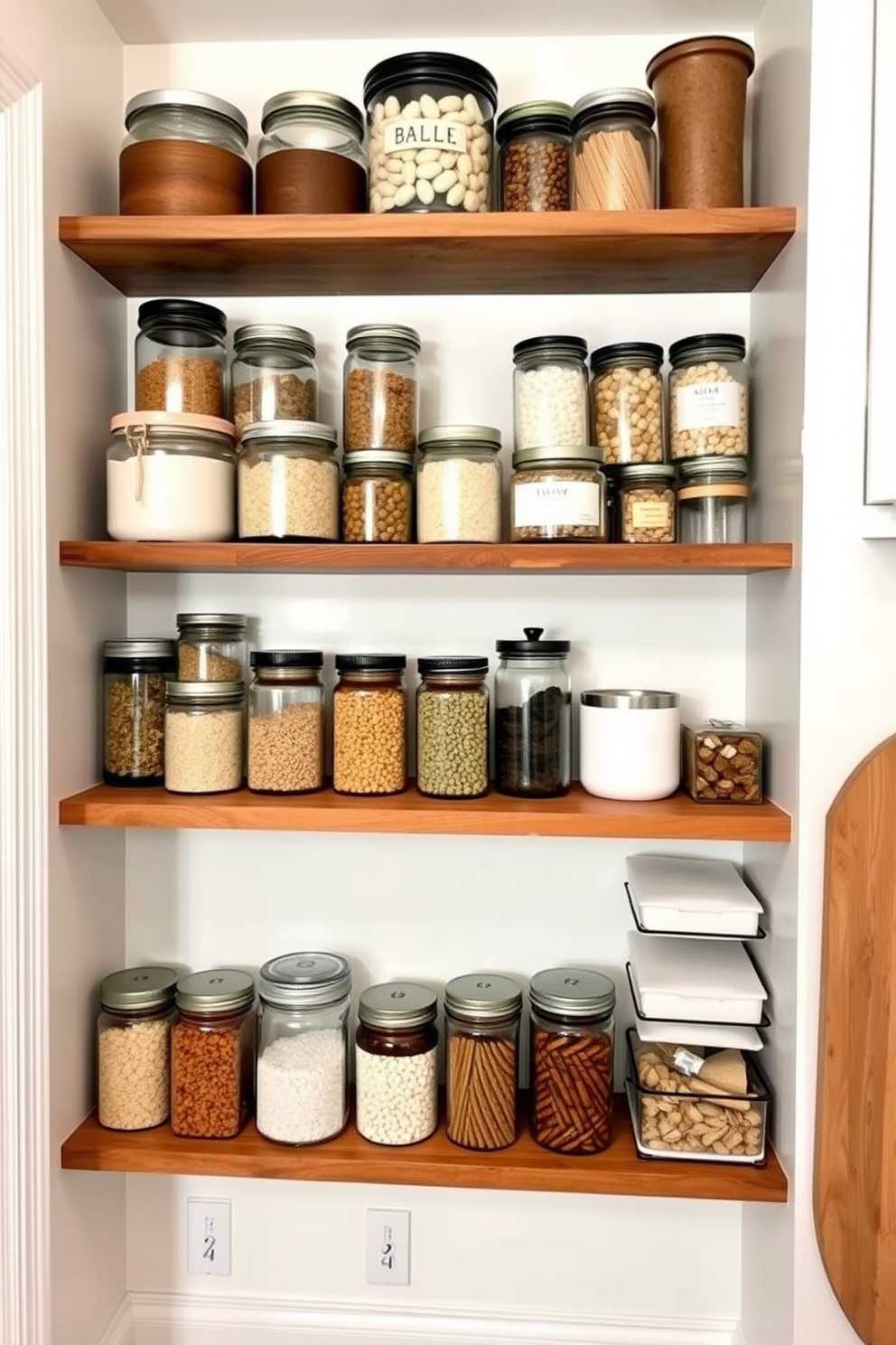 A stylish pantry organization design featuring wall-mounted shelves that display an array of decorative jars and containers. The shelves are crafted from reclaimed wood, adding a rustic charm, while the walls are painted a soft white to enhance brightness.