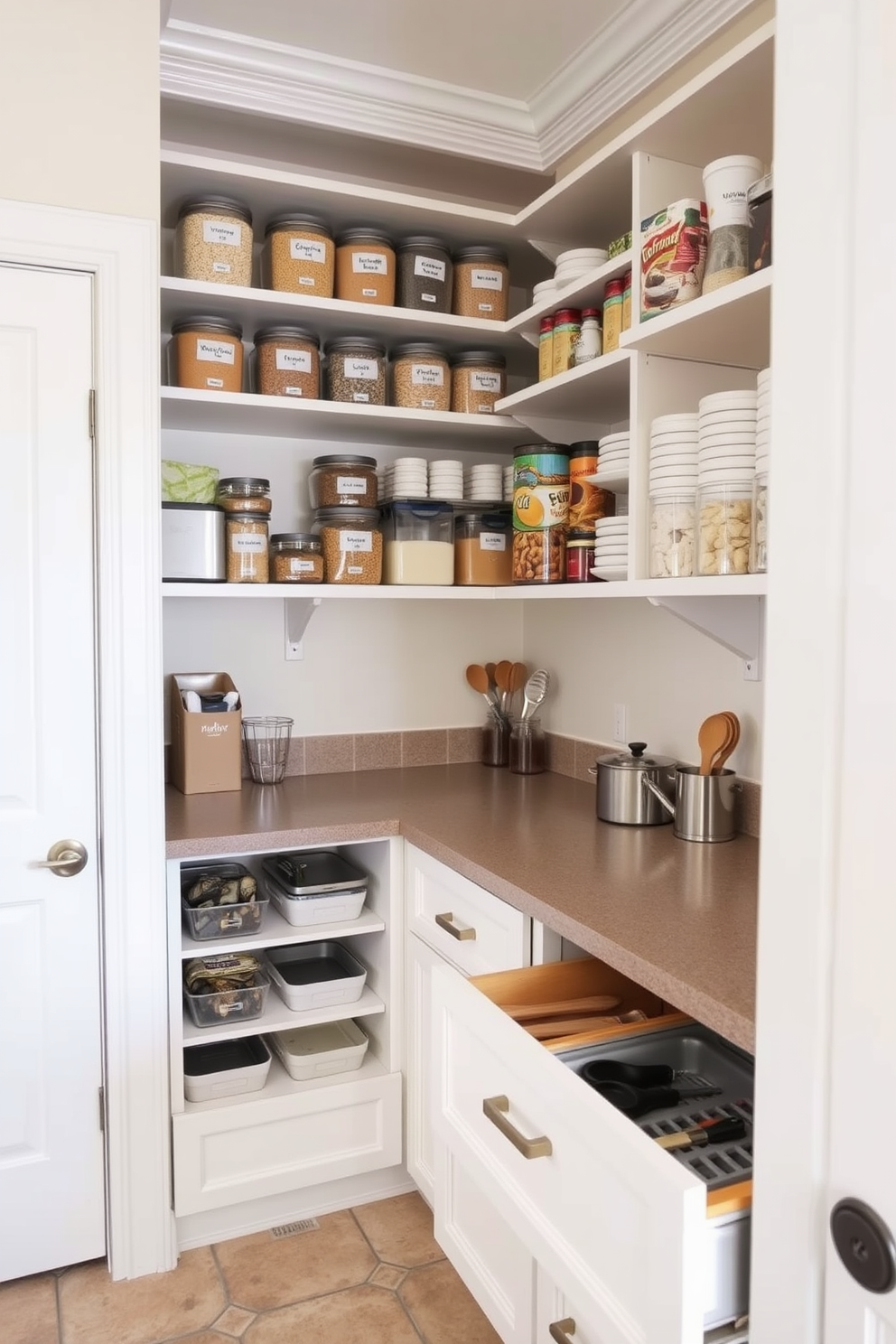 Create a meal prep section in a pantry designed for efficiency and style. The space features open shelving with labeled containers for grains, spices, and snacks, along with a dedicated countertop for meal preparation. Incorporate a pull-out drawer for utensils and tools, ensuring everything is easily accessible. The walls are painted in a soft, neutral color, while the floor is adorned with a durable, easy-to-clean tile.