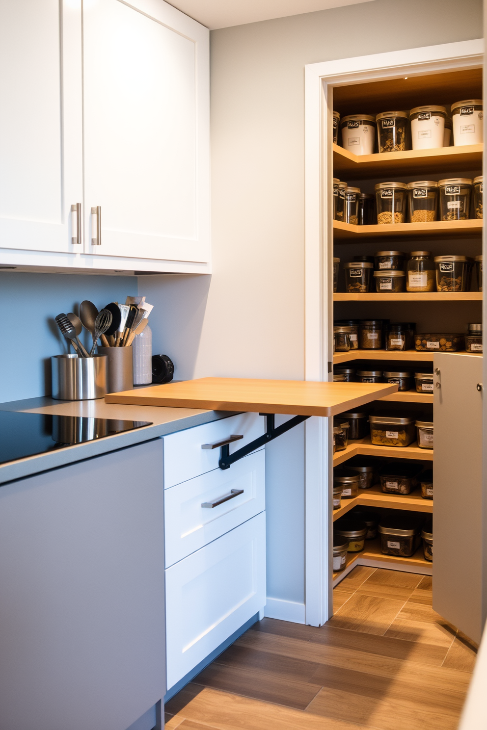 A cozy kitchen pantry designed for bulk storage. The pantry features floor-to-ceiling shelving made of natural wood, neatly organized with clear containers and labeled bins for easy access to grains, snacks, and canned goods. In the center, a small island with a butcher block top provides additional workspace and serves as a prep area. Soft, warm lighting illuminates the space, creating an inviting atmosphere while a sliding barn door adds a rustic touch.