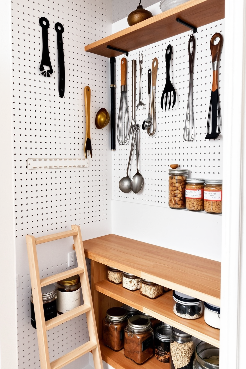 A modern pantry featuring a pegboard wall for hanging tools and kitchen utensils. The pegboard is painted in a soft white color, creating a clean and organized look. Below the pegboard, there are open wooden shelves displaying neatly arranged jars and containers for dry goods. A small wooden ladder leans against the shelves, providing easy access to the upper storage areas.