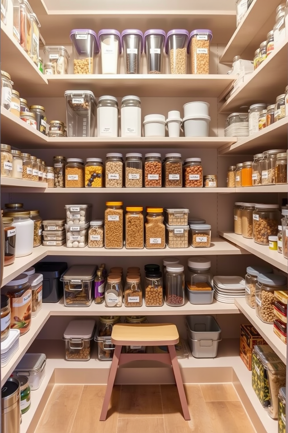 A modern pantry featuring a sleek wine rack designed to hold an assortment of beverages. The shelves are organized with clear containers for dry goods, and there are labeled bins for easy access to snacks and ingredients.