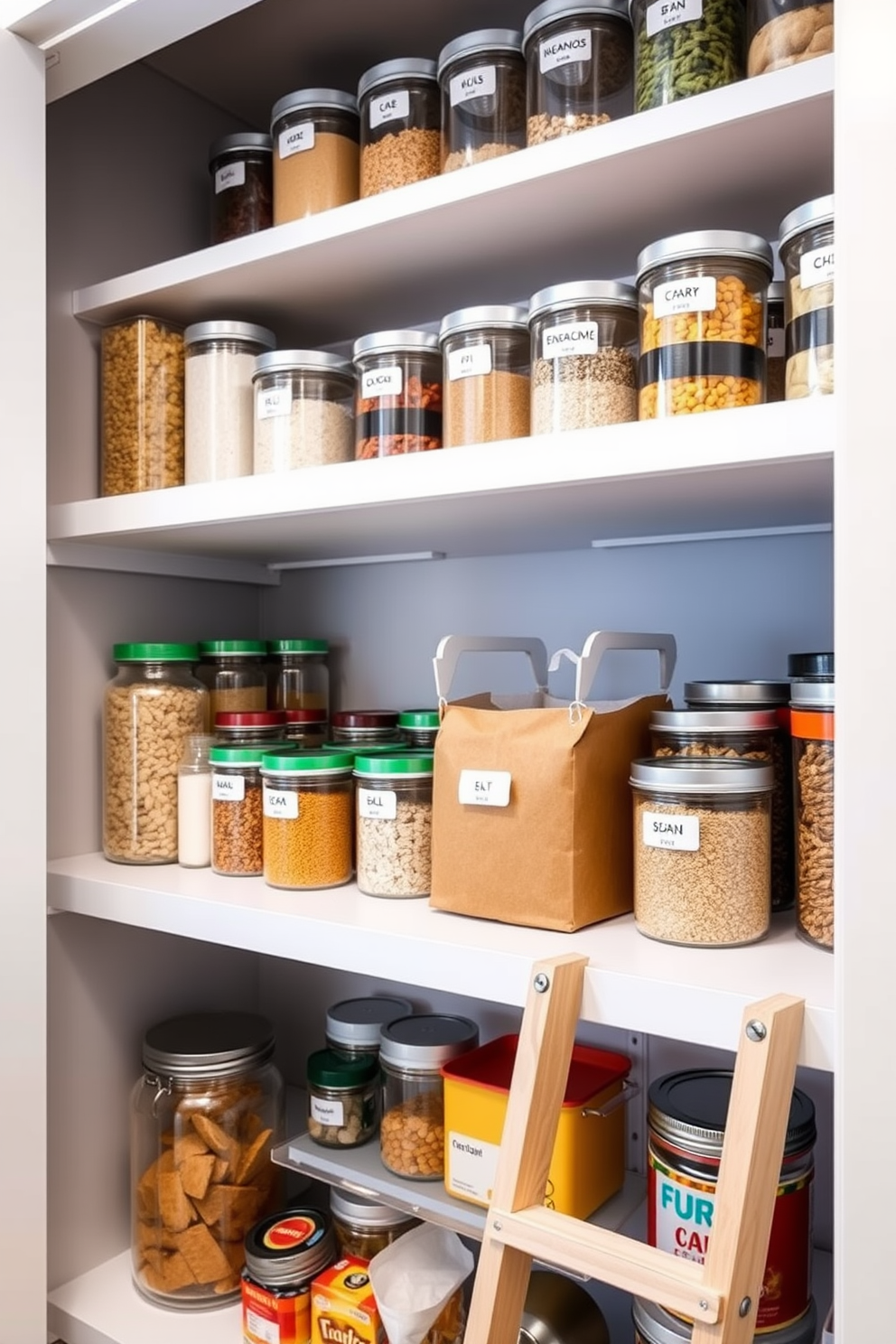 A modern pantry organization setting featuring tiered shelves that enhance visibility and accessibility. The shelves are filled with clear containers labeled for easy identification, showcasing an array of colorful spices, grains, and snacks. The walls are painted in a soft white hue, creating a bright and airy atmosphere. A small wooden ladder is placed against one shelf, allowing easy access to items stored at the top.