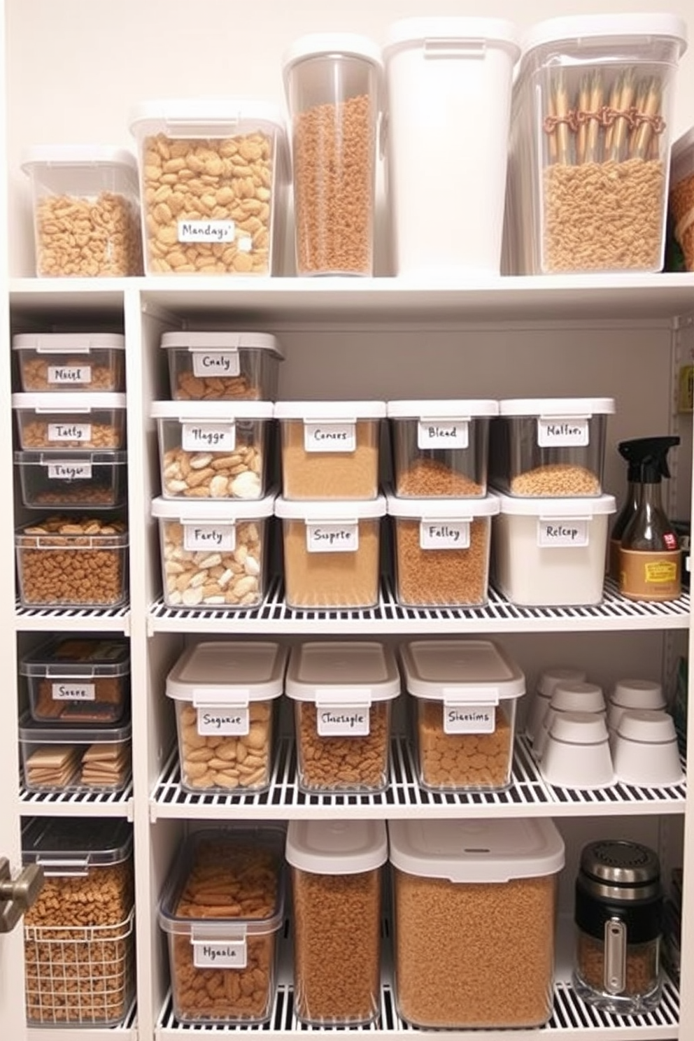 A cozy pantry space featuring fabric bins in various sizes for a soft touch. The bins are neatly arranged on open shelves, complemented by wooden containers for dry goods and labeled jars for easy access.