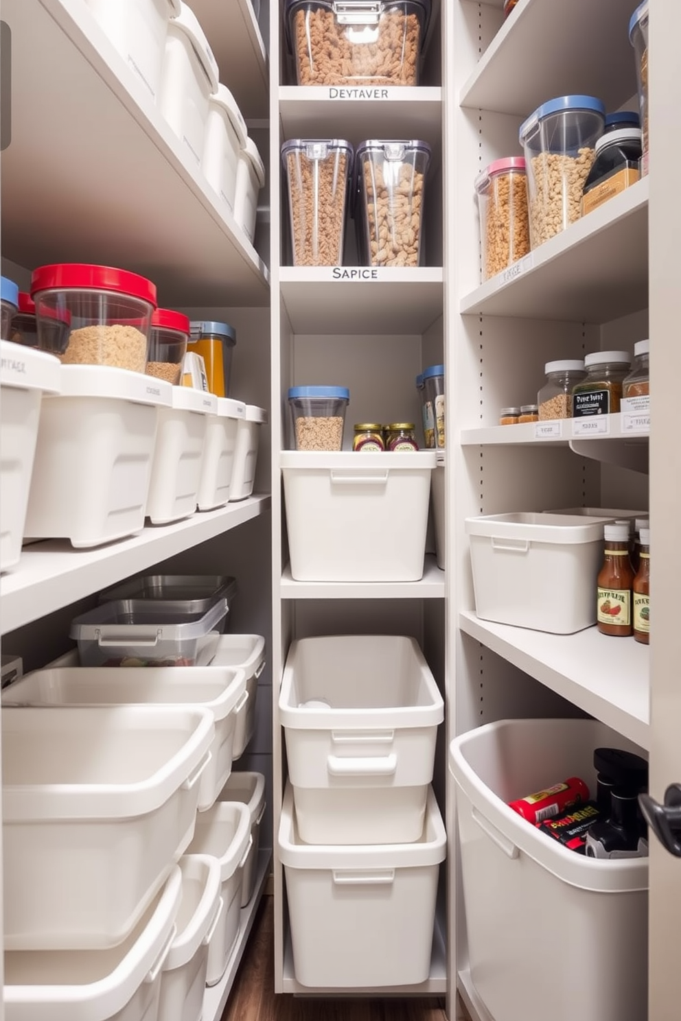 A modern pantry with pull-out drawers for easy access and organization. The design features sleek cabinetry in a soft white finish, complemented by brushed nickel handles. The interior of the pantry showcases a variety of storage solutions, including labeled bins and tiered shelving for spices. A small countertop area is included for meal prep, enhancing functionality and efficiency.