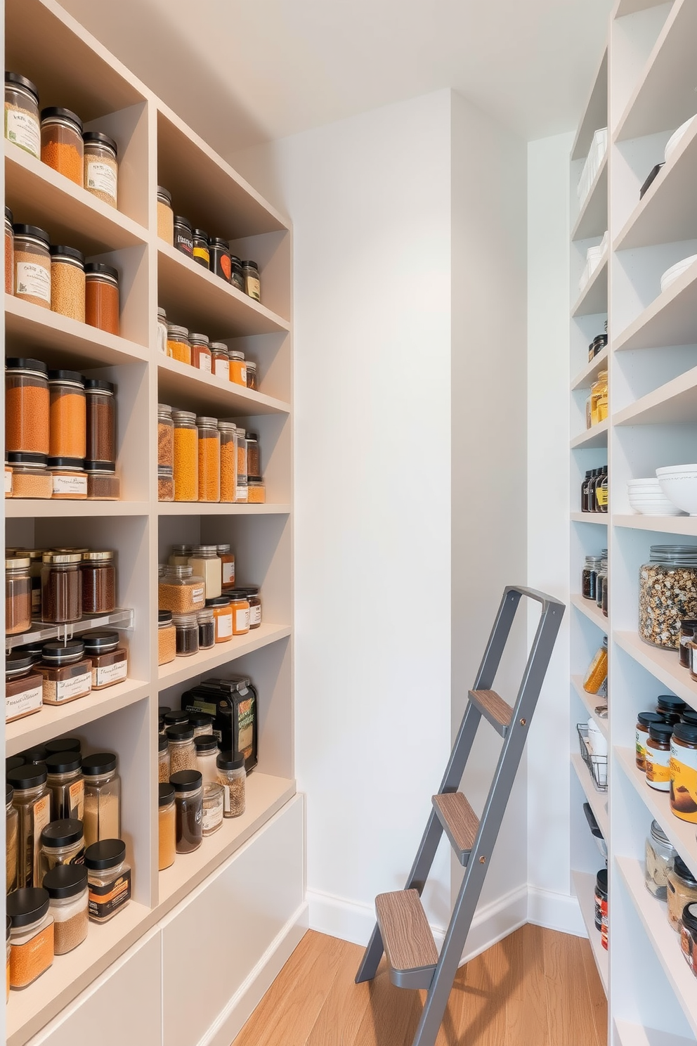 A modern pantry design that maximizes vertical space with sleek open shelves. The shelves are filled with neatly organized jars and containers, showcasing a variety of colorful spices and grains. The walls are painted in a soft neutral tone, enhancing the brightness of the space. A small step ladder is placed against the shelves for easy access to the topmost items, adding both functionality and style.