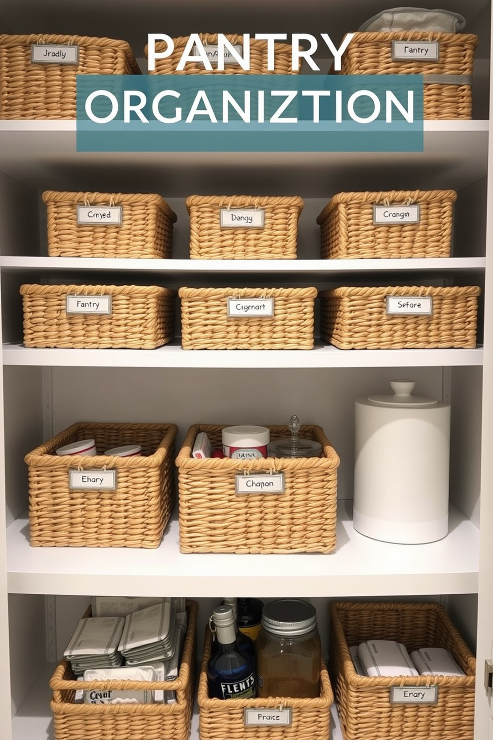 A well-organized pantry featuring open shelving made of natural wood. Various woven baskets are neatly arranged on the shelves, holding loose items like snacks and kitchen essentials. The walls are painted in a soft white, creating a bright and airy atmosphere. A small chalkboard is mounted on one side, allowing for easy labeling and notes for grocery lists.