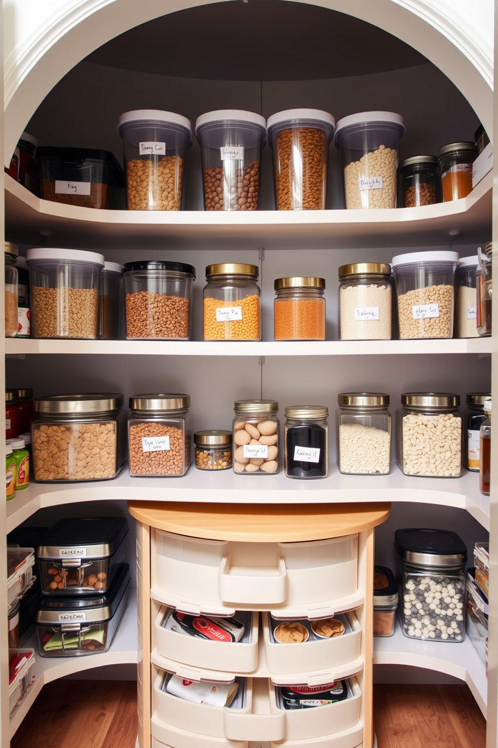 A well-organized pantry featuring a lazy Susan for easy access to items. The shelves are lined with clear containers and labeled jars, creating a clean and efficient storage solution.