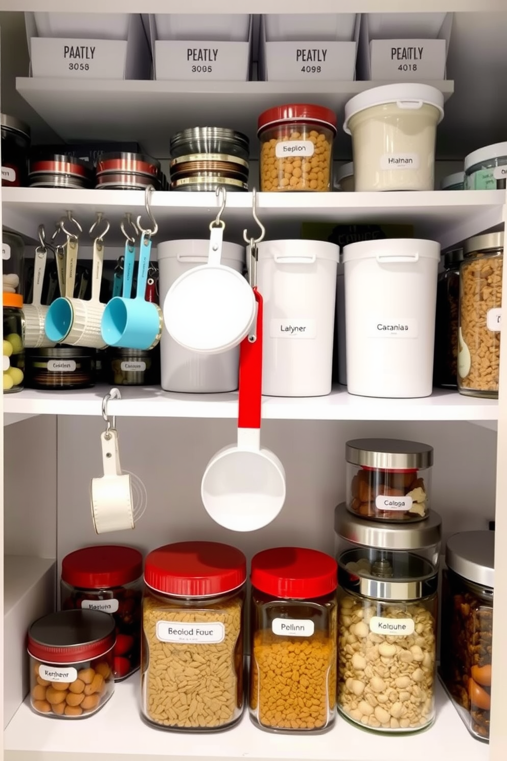 A well-organized pantry featuring measuring cups hanging on stylish hooks. The shelves are neatly arranged with labeled containers, creating a functional and aesthetically pleasing space.