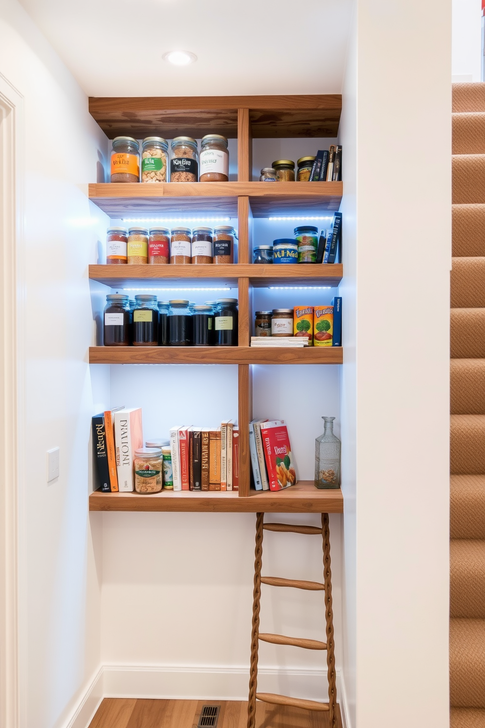 Open shelving for easy access storage. The shelves are made of reclaimed wood and are filled with neatly organized jars and baskets, showcasing a variety of spices and dry goods. Pantry under the stairs design ideas. The space features custom cabinetry in a soft white finish, with pull-out drawers and built-in lighting to highlight the contents, creating a functional and stylish storage solution.