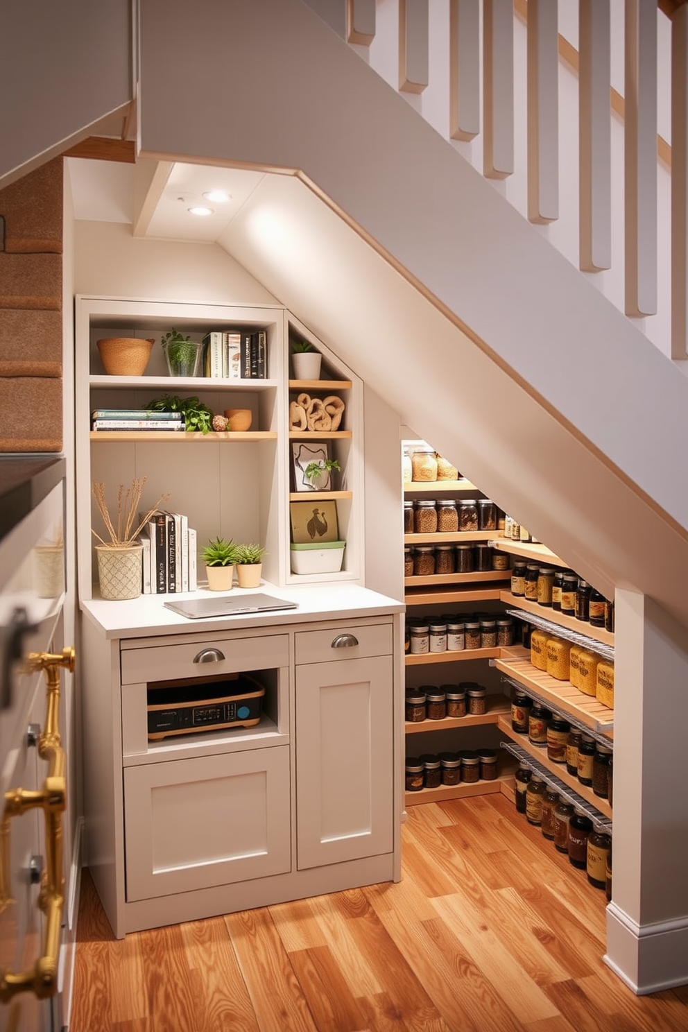 A cozy pantry under the stairs features open shelving made of reclaimed wood displaying neatly organized jars and baskets. Soft lighting fixtures are installed above the shelves to illuminate the space, creating a warm and inviting atmosphere. The walls are painted in a light neutral color, enhancing the brightness of the area while complementing the wooden shelves. A small, stylish ladder leans against the shelves for easy access to items stored higher up.