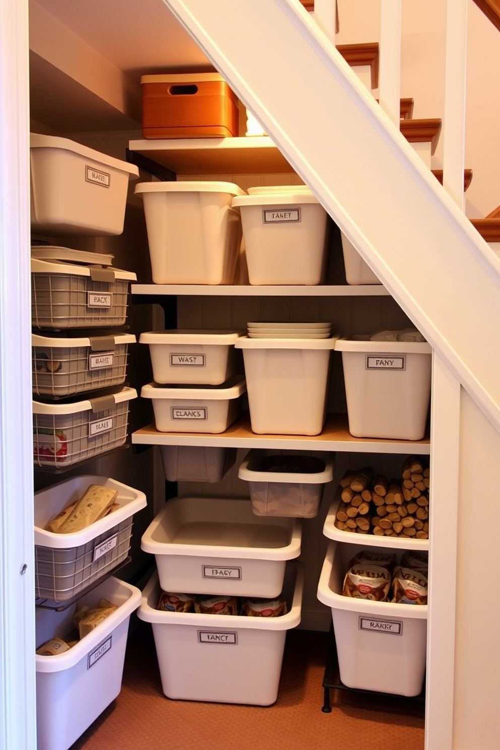 A cozy pantry under the stairs features a corkboard on the wall for notes and grocery lists. The space is organized with wooden shelves filled with jars and baskets, creating a functional yet inviting atmosphere.