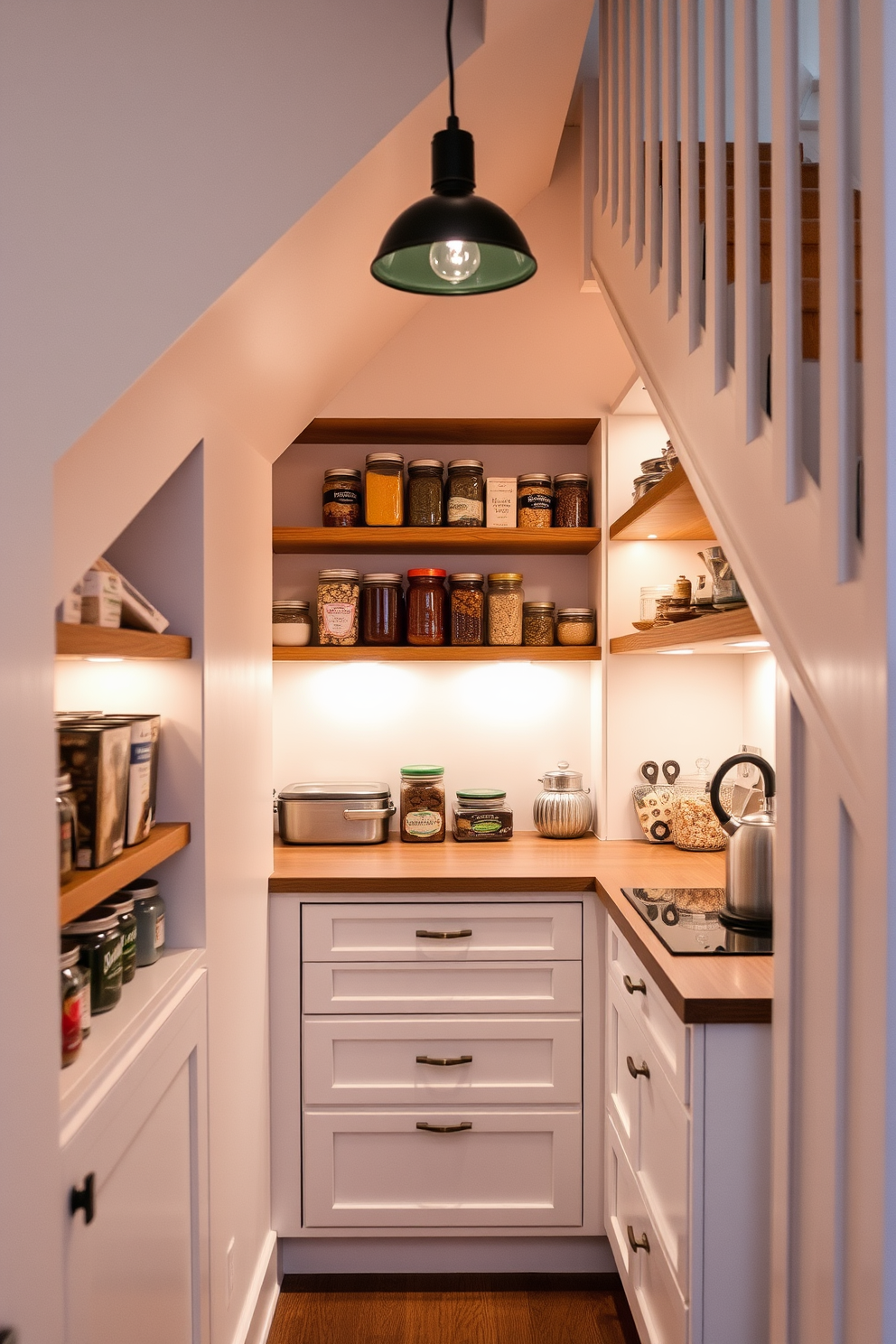 Create a functional pantry design utilizing the space under the stairs. Incorporate stackable bins for efficient organization, ensuring easy access to food items while maintaining a clean and tidy appearance. The pantry should feature open shelving to maximize storage and display options. Use a light color palette to enhance the sense of space and include decorative labels on the bins for a cohesive look.