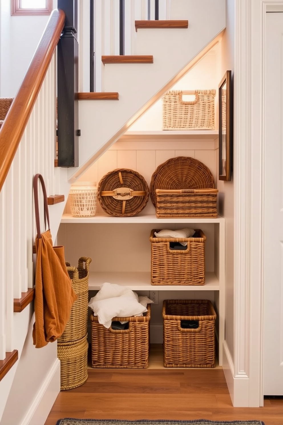 Decorative jars arranged on a sleek wooden shelf create an elegant focal point in the pantry. Each jar is filled with colorful ingredients, showcasing a blend of textures and hues that enhance the overall aesthetic. The pantry under the stairs features custom cabinetry painted in a soft white hue. Cleverly designed shelving maximizes storage while maintaining a stylish appearance, with decorative jars adding a touch of charm to the space.