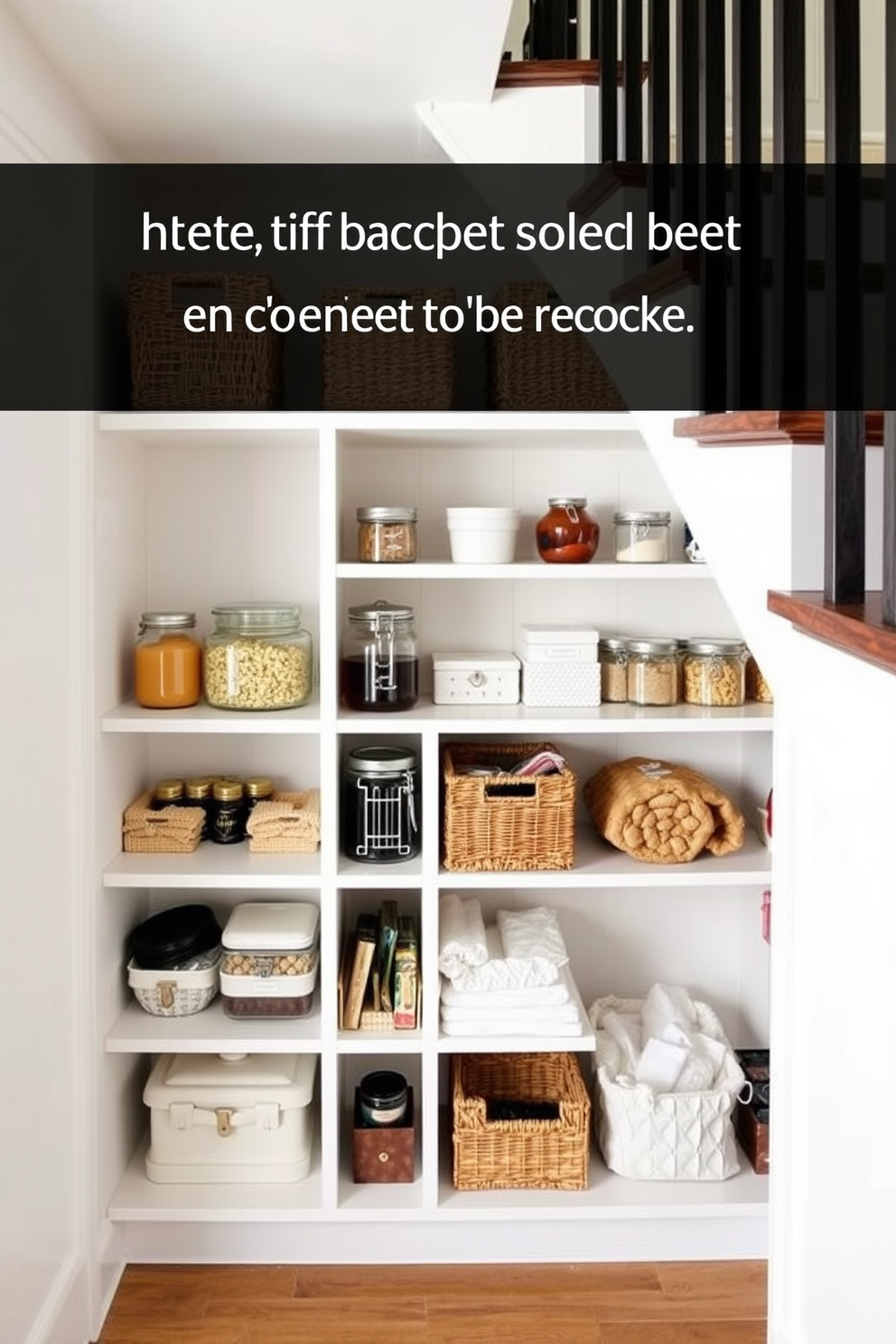 A functional pantry tucked under the stairs features a seamless design with built-in shelves and an integrated spice rack for easy access while cooking. The space is illuminated with warm lighting, showcasing organized jars and containers that enhance the overall aesthetic.