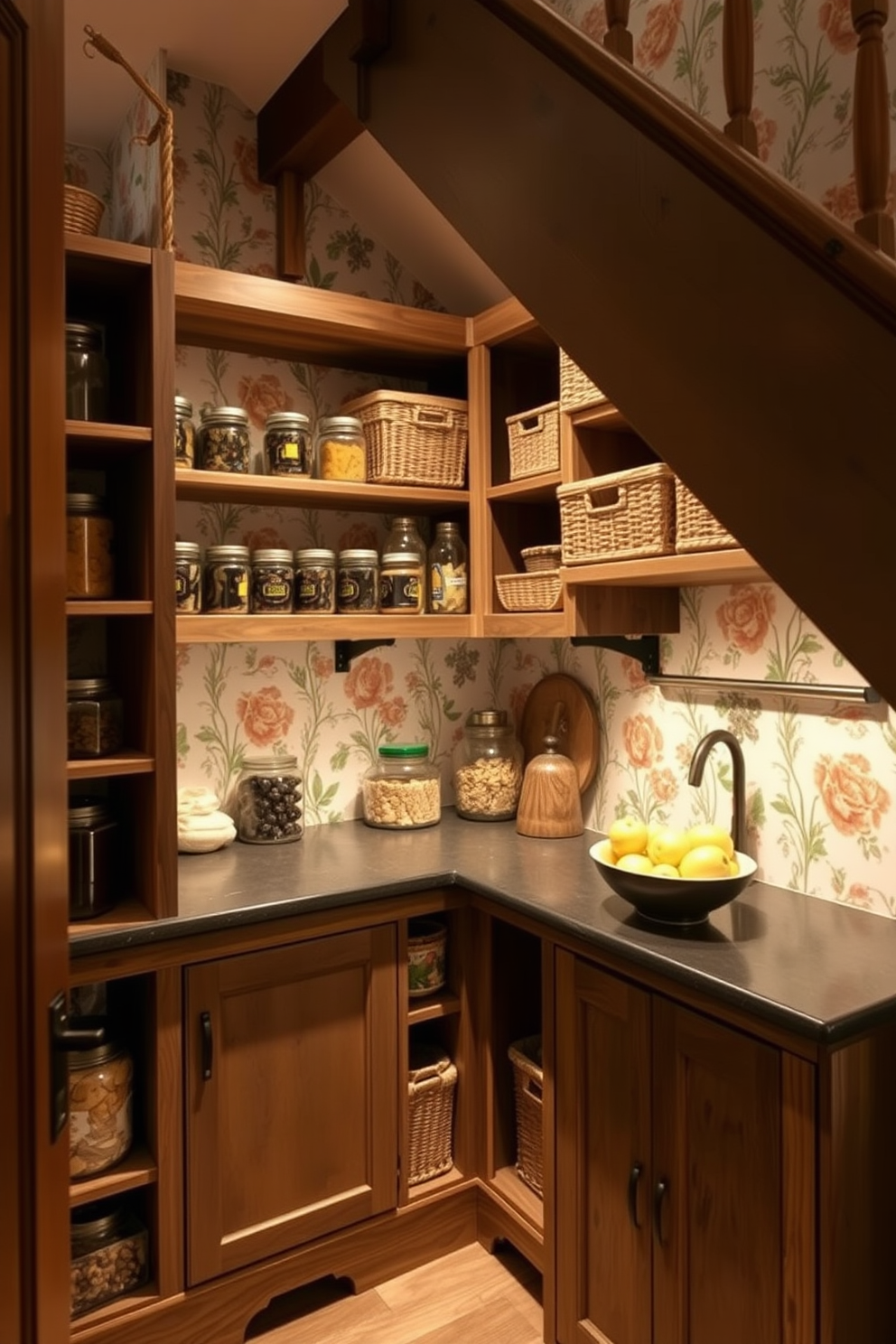 A hidden pet food area is designed within the pantry under the stairs for convenience. This space features custom cabinetry that blends seamlessly with the surrounding decor, providing easy access while maintaining a tidy appearance.