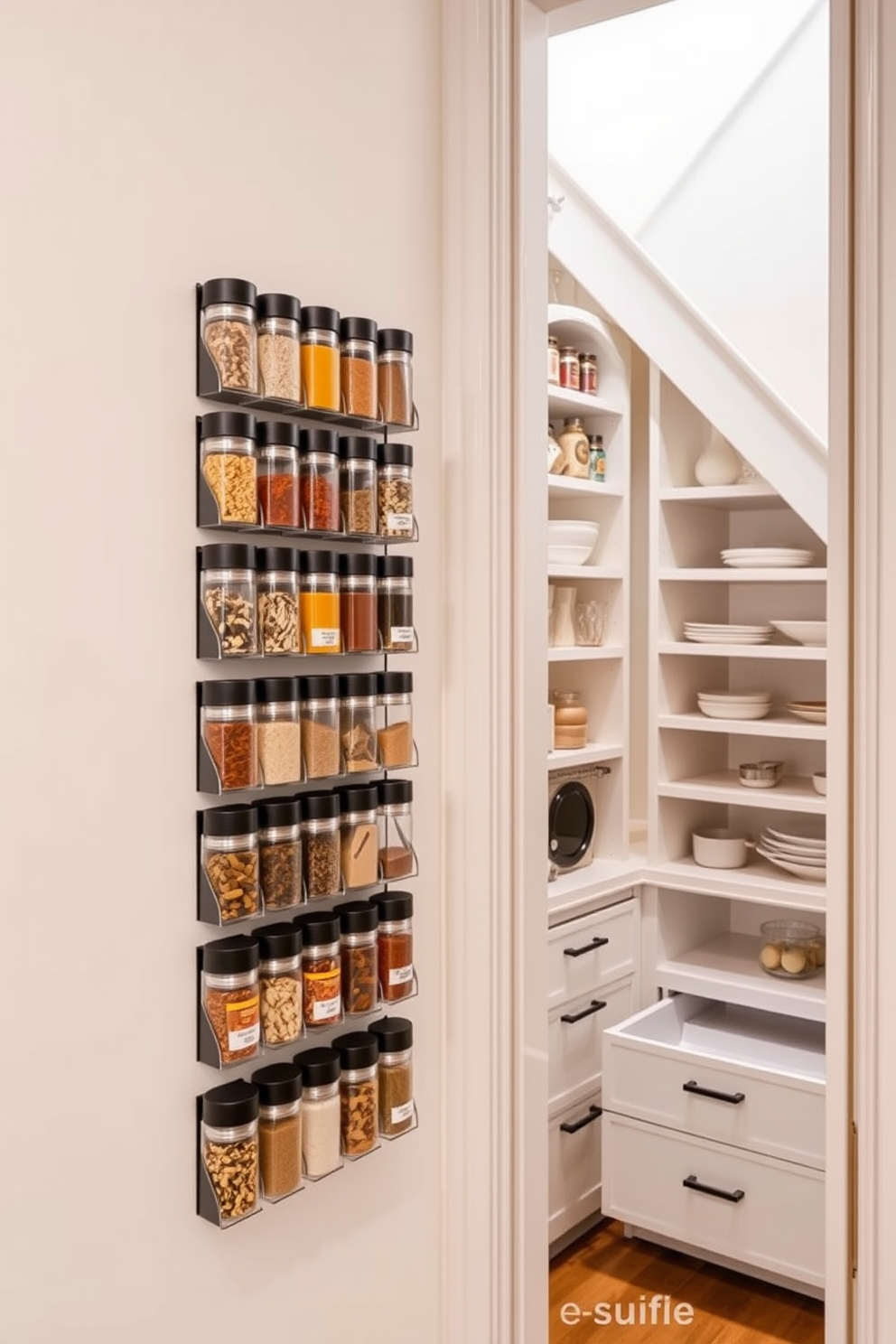 A pantry under the stairs features magnetic strips mounted on the inside of the door for easy access to tools and utensils. The shelves are organized with clear containers, and the walls are painted in a soft white to enhance the space's brightness.