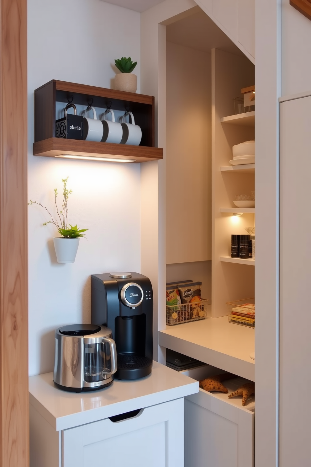 A cozy kitchen nook features hooks for hanging kitchen utensils made from brushed stainless steel. The wall behind is painted in a soft white, complementing the warm wood tones of the cabinetry. Under the stairs, a cleverly designed pantry showcases open shelving made from reclaimed wood. The space is illuminated with soft LED lights, creating an inviting atmosphere for storing kitchen essentials.