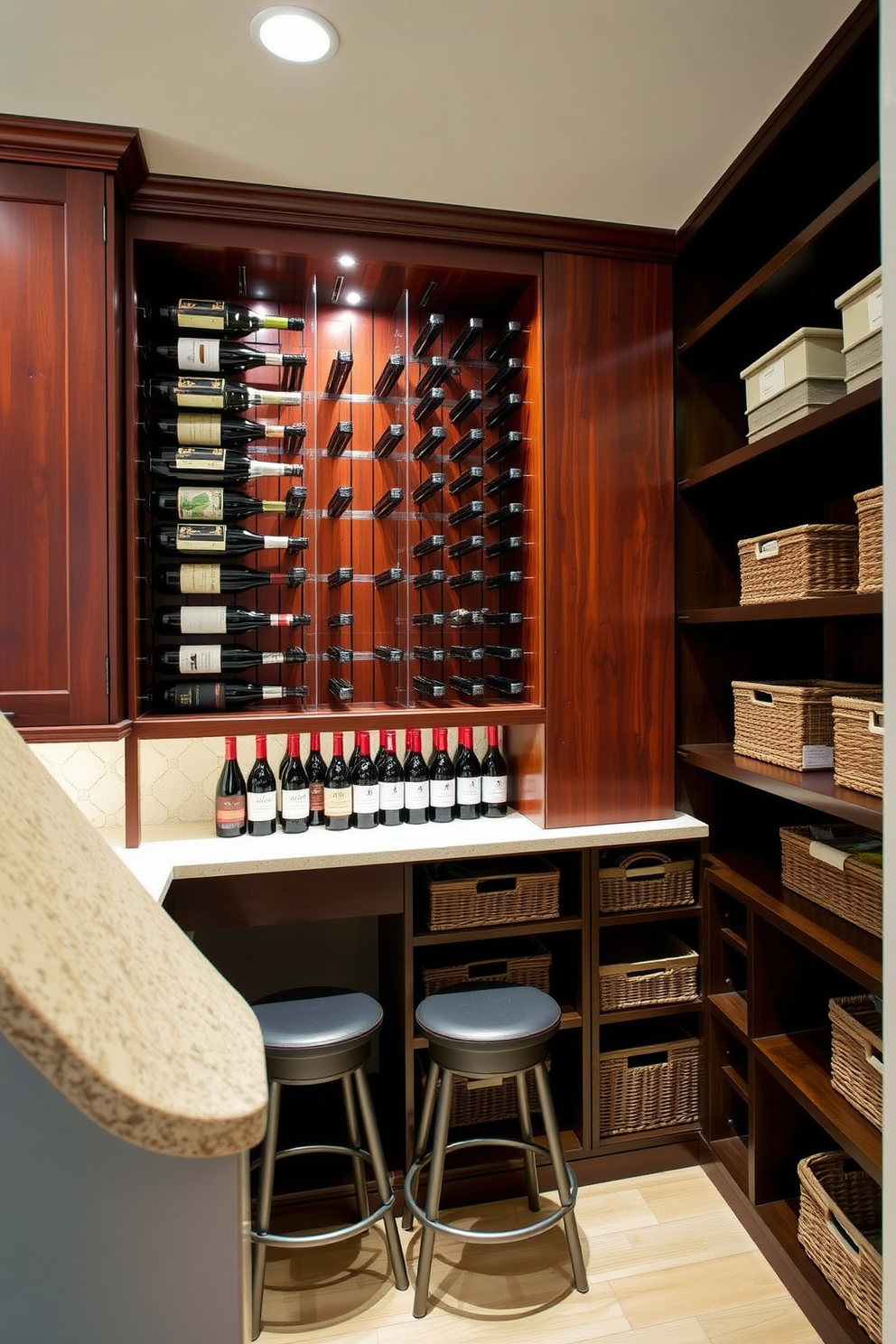 A glass door pantry that combines visibility and style, featuring open shelving to display curated kitchenware. The interior is organized with labeled containers and a small herb garden on the windowsill, enhancing both functionality and aesthetics. A pantry designed under the stairs, maximizing space with custom cabinetry that blends seamlessly with the home's decor. Soft lighting illuminates the interior, showcasing neatly arranged pantry items while maintaining a cozy and inviting atmosphere.