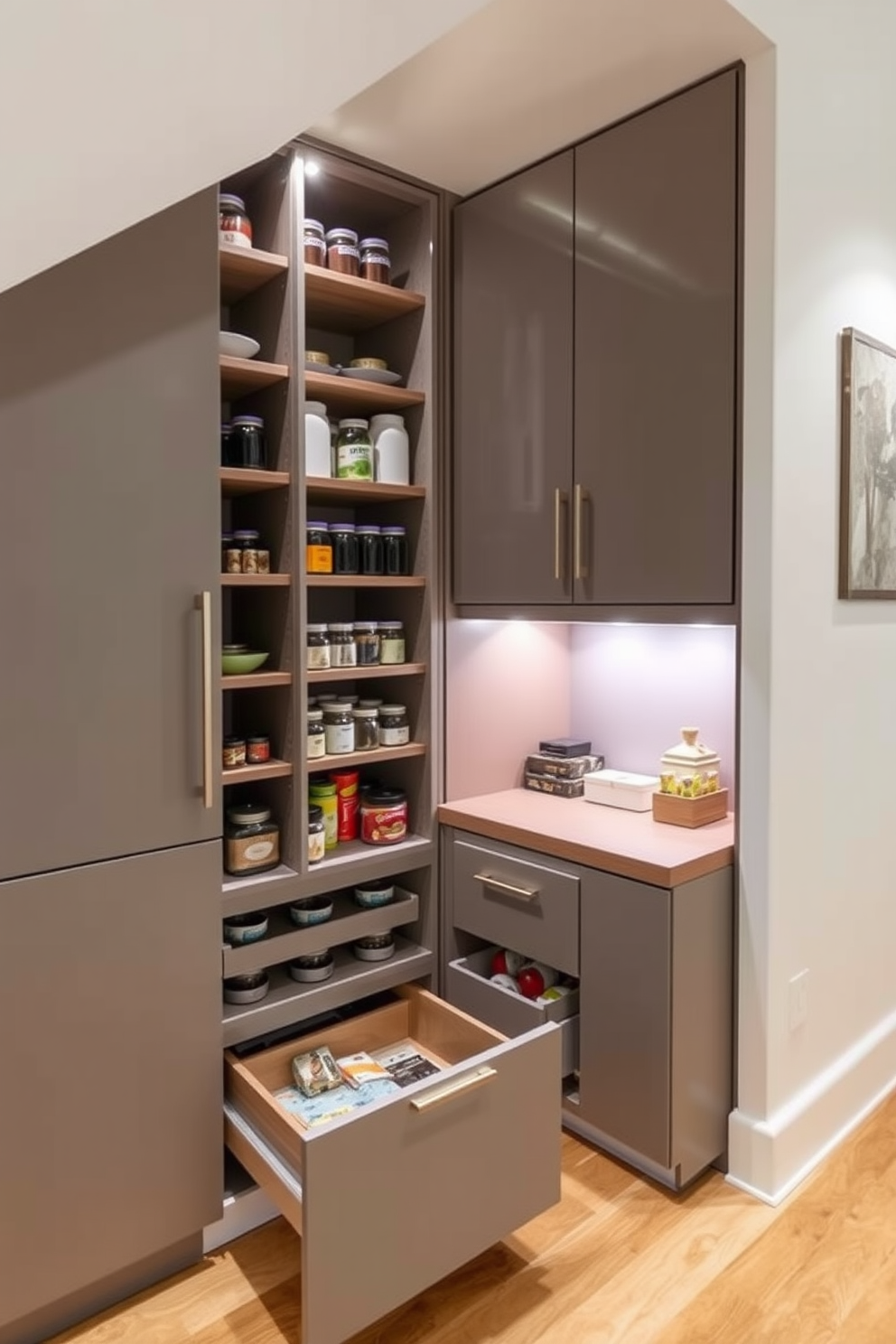 A mini fridge is seamlessly integrated into a cozy kitchen nook, providing quick snack access while maintaining a sleek aesthetic. The fridge features a stainless steel finish and is positioned next to a wooden countertop adorned with fresh fruits and snacks. The pantry under the stairs is designed with clever shelving and pull-out drawers, maximizing storage space in an innovative way. Soft lighting illuminates the area, highlighting neatly organized jars and containers filled with dry goods and essentials.