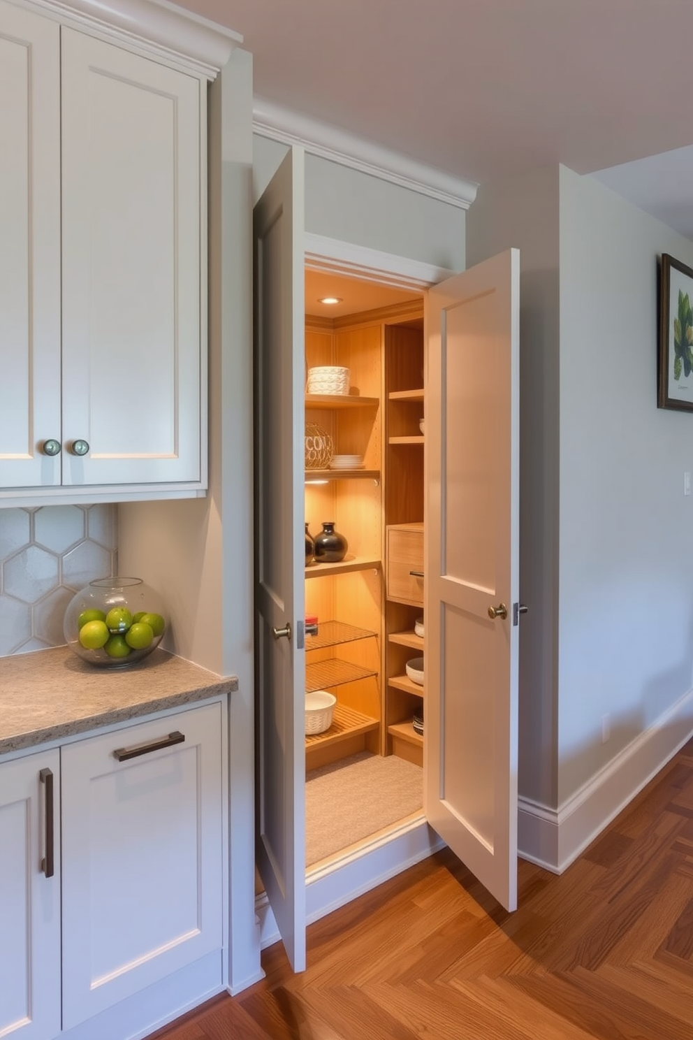 Open cubbies designed for easy organization create a functional yet stylish pantry under the stairs. The shelves are made of natural wood, providing a warm contrast to the white walls, while labeled baskets keep items neatly stored away.