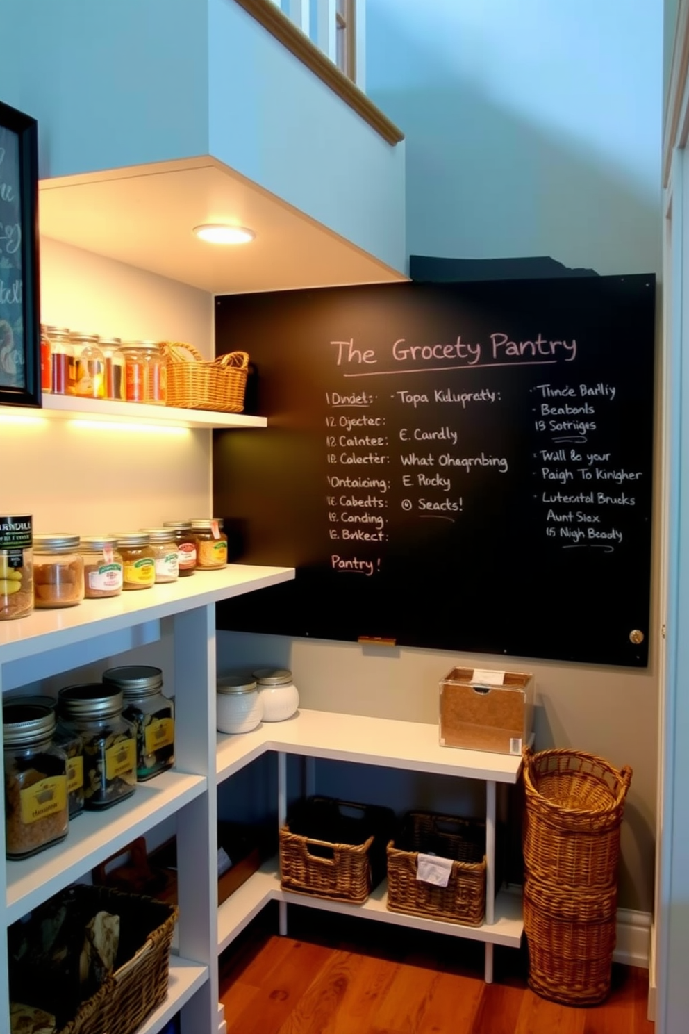 A wall-mounted pegboard is installed in a stylish kitchen, providing flexible storage solutions for various utensils and tools. The pegboard is painted in a soft pastel color, complementing the modern cabinetry and enhancing the overall aesthetic of the space. The pantry under the stairs features a clever design with open shelving and neatly organized containers. Soft lighting illuminates the area, creating an inviting atmosphere while maximizing the use of the otherwise unused space.