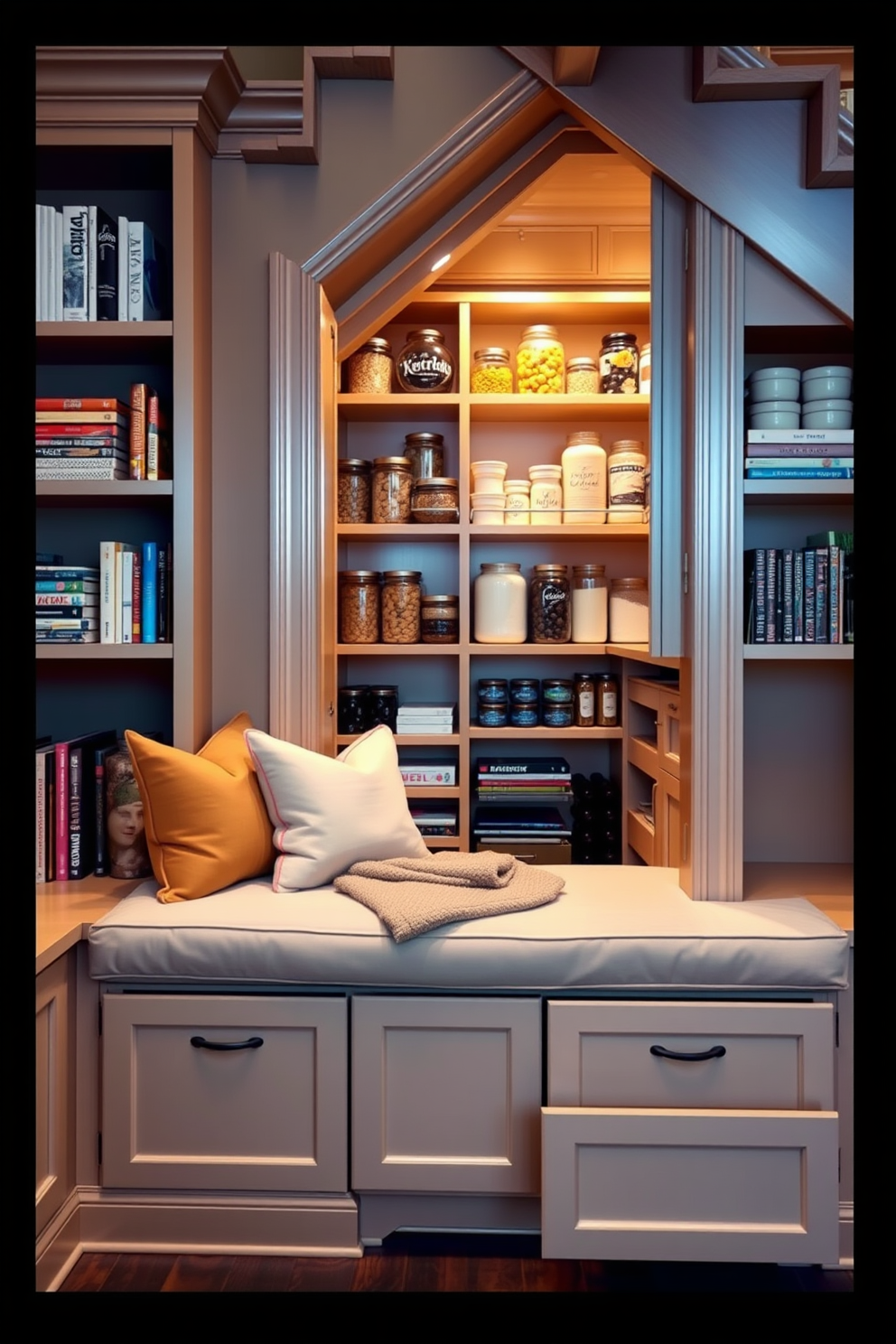 A cozy pantry nestled under the stairs features vintage wooden crates stacked neatly against the wall, adding a rustic charm to the space. Soft lighting illuminates the area, highlighting the textures of the crates and creating a warm, inviting atmosphere.