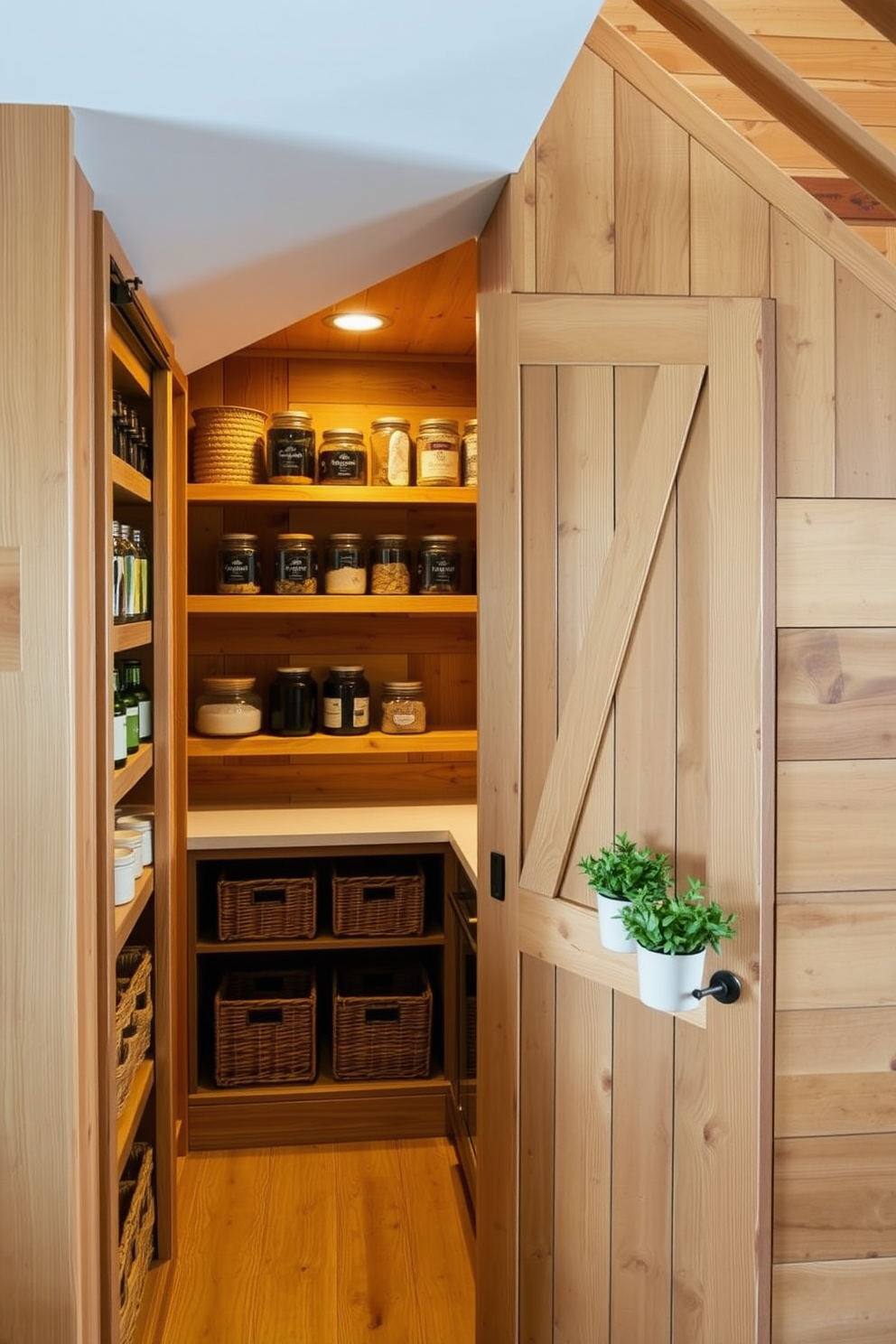 A cozy and organized seasonal decor storage space is designed under the stairs. Shelves made of reclaimed wood hold festive items in neatly labeled bins, while twinkling fairy lights add a warm glow. The pantry under the stairs features a clever layout with pull-out shelves for easy access. A combination of open and closed storage allows for both display and concealment of pantry essentials, creating a functional yet stylish area.