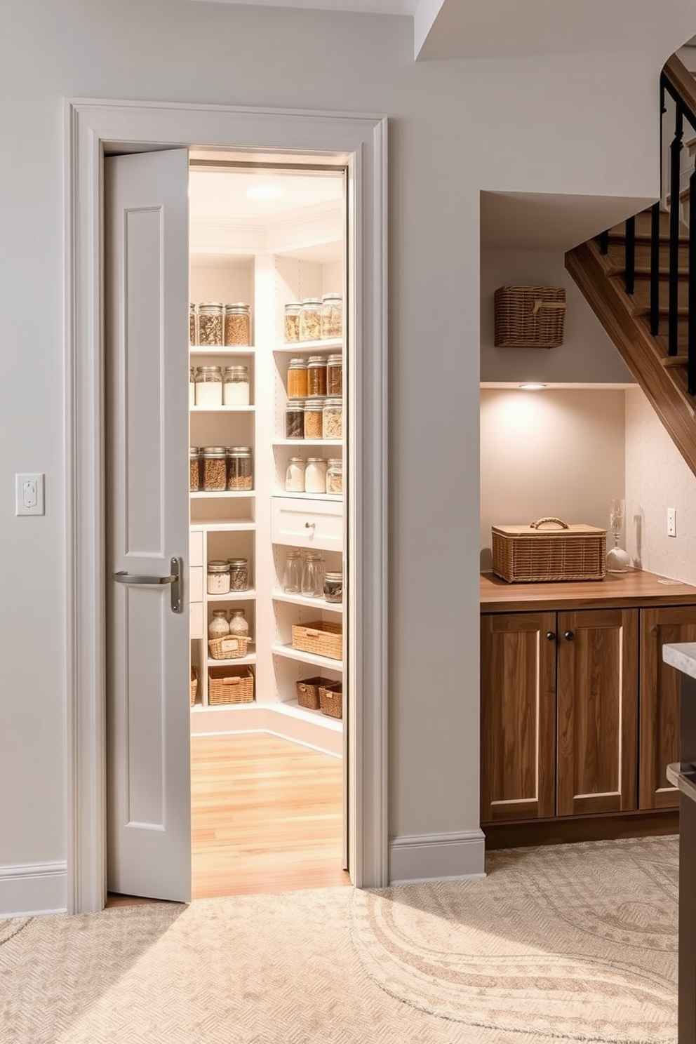 A pantry under the stairs features walls painted with chalkboard paint, allowing for customizable labels and a creative touch. The space is organized with open shelving, glass jars for storage, and a small countertop for meal prep.