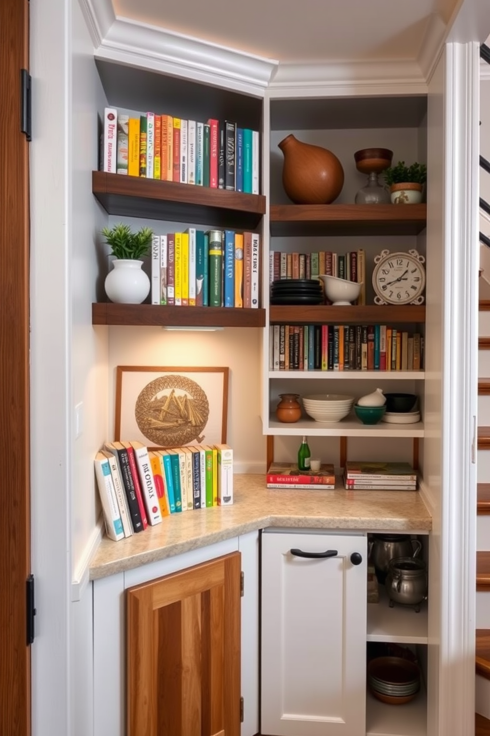 A charming under stair pantry featuring built-in shelving filled with neatly organized jars and baskets. Adjacent to the pantry, a cozy reading nook is created with a plush armchair and a small side table, adorned with a warm throw blanket and a stack of books.