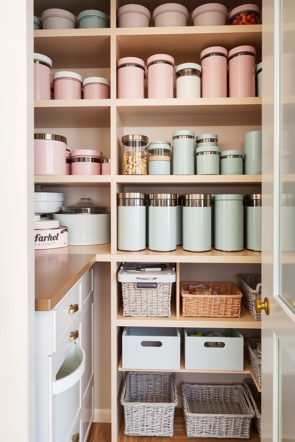 A stylish pantry design tucked under the stairs. The space features divided sections for different pantry categories, including a dedicated area for dry goods, canned items, and snacks. The shelves are crafted from warm wood with a modern finish, creating a welcoming atmosphere. Soft lighting illuminates the pantry, highlighting organized jars and baskets for easy access and a clean look.