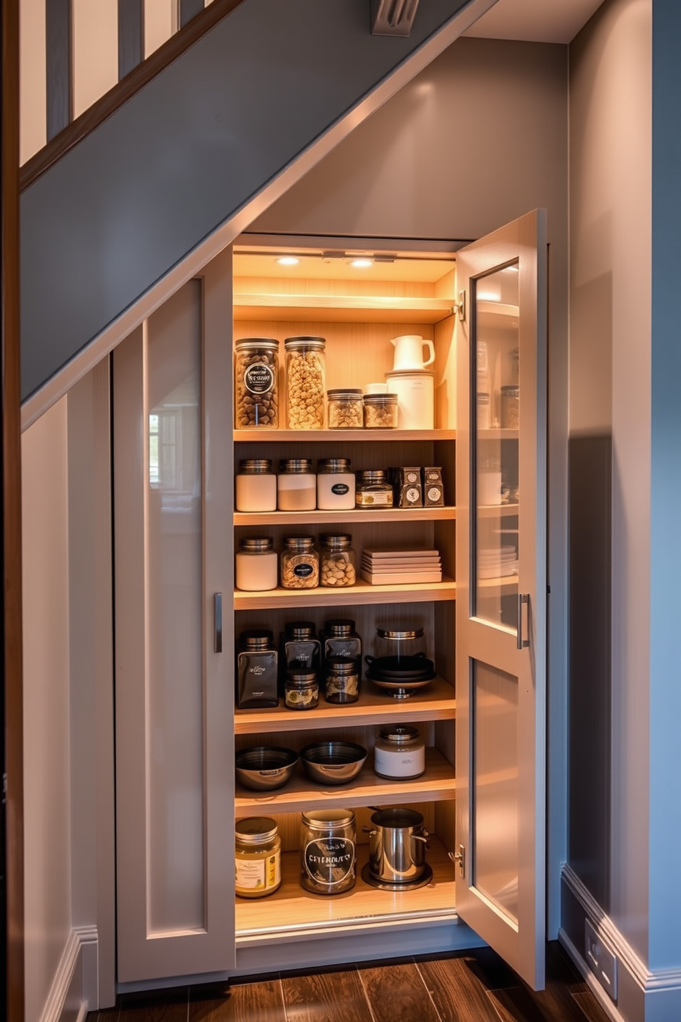 A cozy pantry under the stairs features built-in drawers for organized essentials. The space is designed with wooden shelves and soft lighting, creating a warm and functional atmosphere.