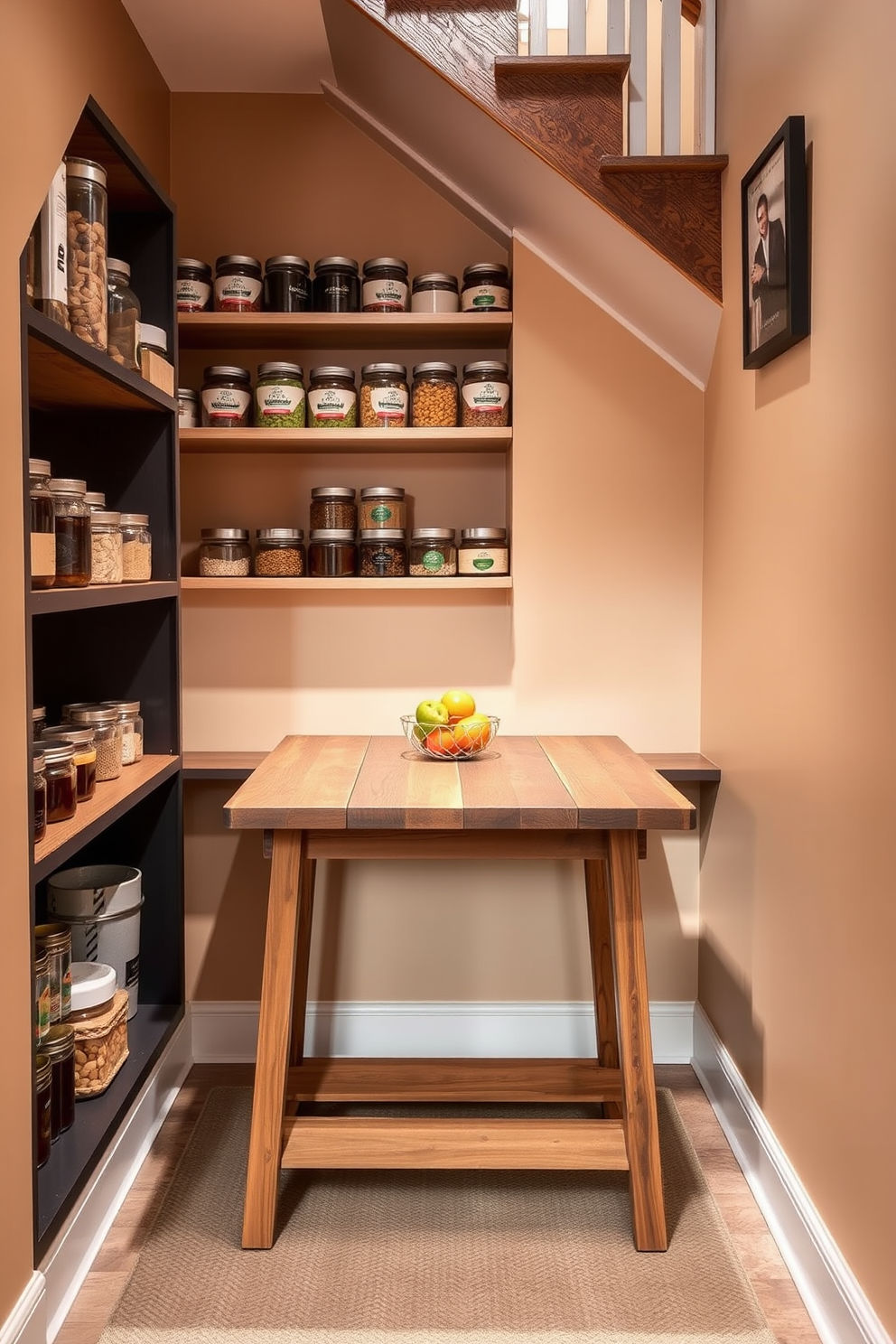 Bright colors bring warmth and cheer to the pantry under the stairs. The walls are painted in a vibrant yellow, accented with open shelving displaying colorful jars and containers. A cozy nook is created with a small wooden table and two chairs, perfect for enjoying a morning coffee. Decorative elements like potted herbs and framed art add personality and charm to the space.