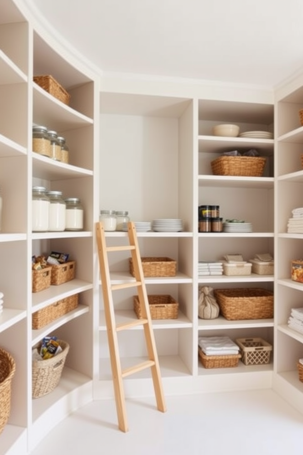 A cozy pantry tucked under the stairs features pull-out shelves for easy access to hidden items. The design incorporates warm wood tones and soft lighting to create an inviting atmosphere.