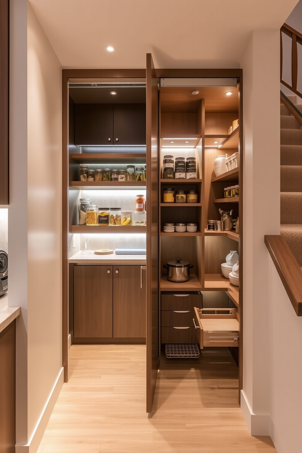 A compact wine rack is cleverly integrated under the stairs, featuring a sleek wooden design that complements the surrounding architecture. The rack is illuminated by subtle LED lighting, highlighting the bottles and creating an inviting ambiance. Adjacent to the wine rack, a pantry under the stairs maximizes storage space with custom shelving and cabinetry. The pantry is organized with labeled containers and baskets, ensuring easy access to ingredients while maintaining a tidy appearance.