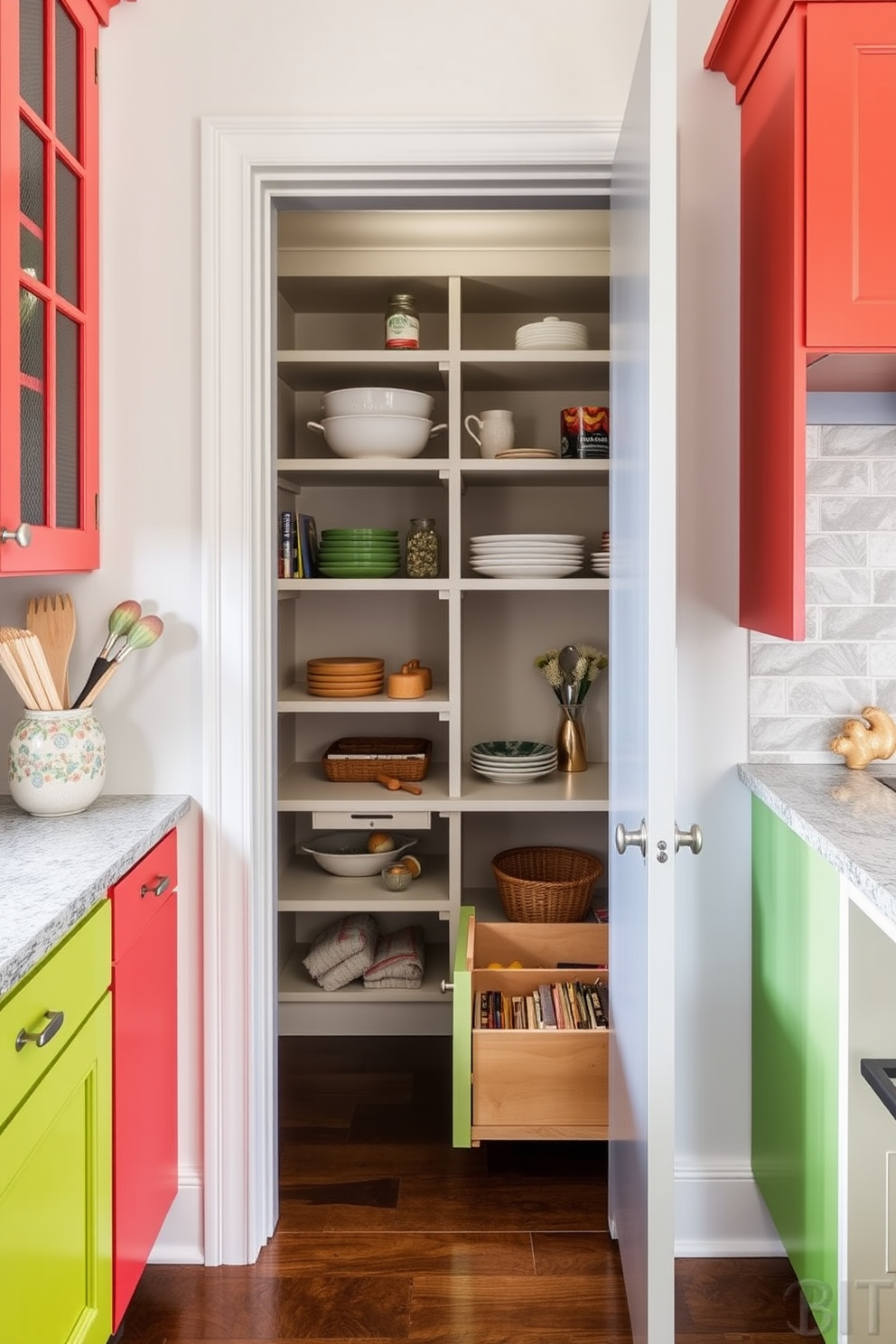 A sliding barn door serves as a stylish and space-saving entryway, blending rustic charm with modern convenience. The door is crafted from reclaimed wood, featuring a sleek black track that complements the surrounding decor. The pantry under the stairs is ingeniously designed to maximize storage while maintaining accessibility. Shelving is built into the walls, showcasing organized jars and containers, with a warm light illuminating the space to create an inviting atmosphere.