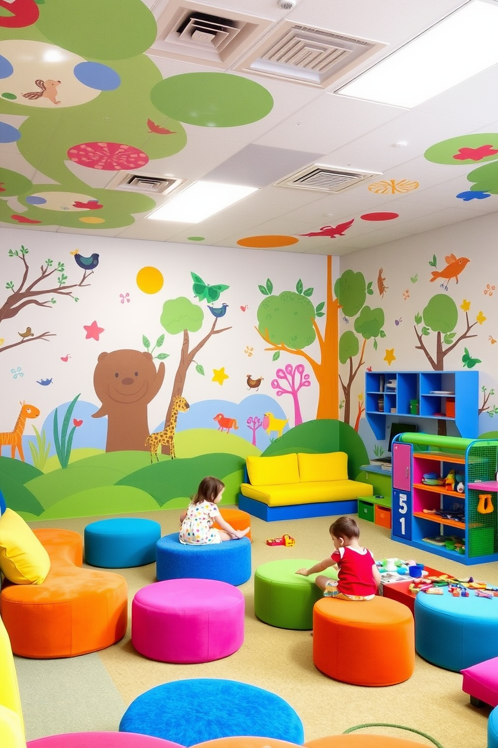 A vibrant playroom filled with colorful wall murals that inspire creativity. The walls are adorned with whimsical designs featuring animals, nature, and abstract shapes, creating an imaginative atmosphere. The playroom includes soft, plush seating in bright colors, providing a cozy space for children to relax. A large, interactive play mat covers the floor, encouraging movement and play while complementing the mural designs.