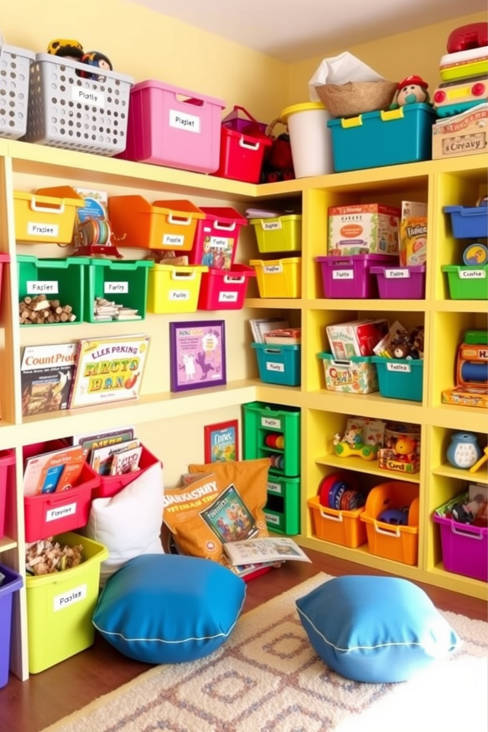 A vibrant playroom filled with creative storage solutions designed for organization. Colorful bins and baskets are neatly arranged along the walls, each labeled for easy access to toys and games. The room features a cozy reading nook with a soft rug and cushions, inviting children to explore books. Brightly colored shelves display a variety of educational toys, promoting both fun and learning in a playful atmosphere.