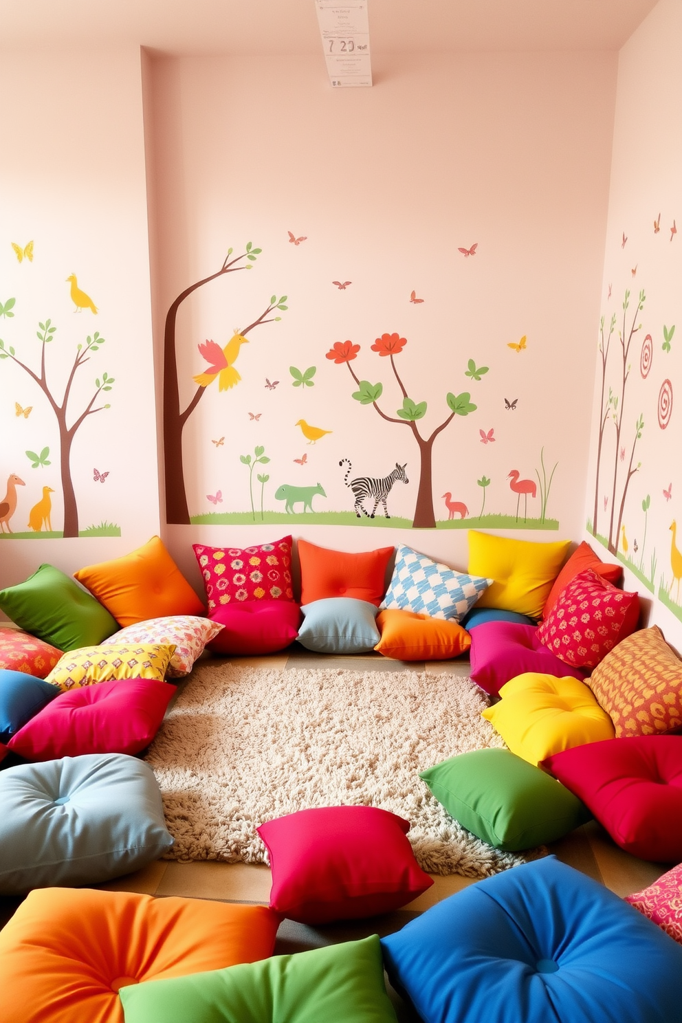 Create a playful and inviting playroom filled with colorful floor cushions scattered throughout the space. The cushions should be in various shapes and sizes, providing comfortable seating options for children to relax and play. Incorporate a vibrant color palette with wall decals of animals and nature themes. Add a soft area rug in the center to define the play area, making it a cozy place for imaginative activities.