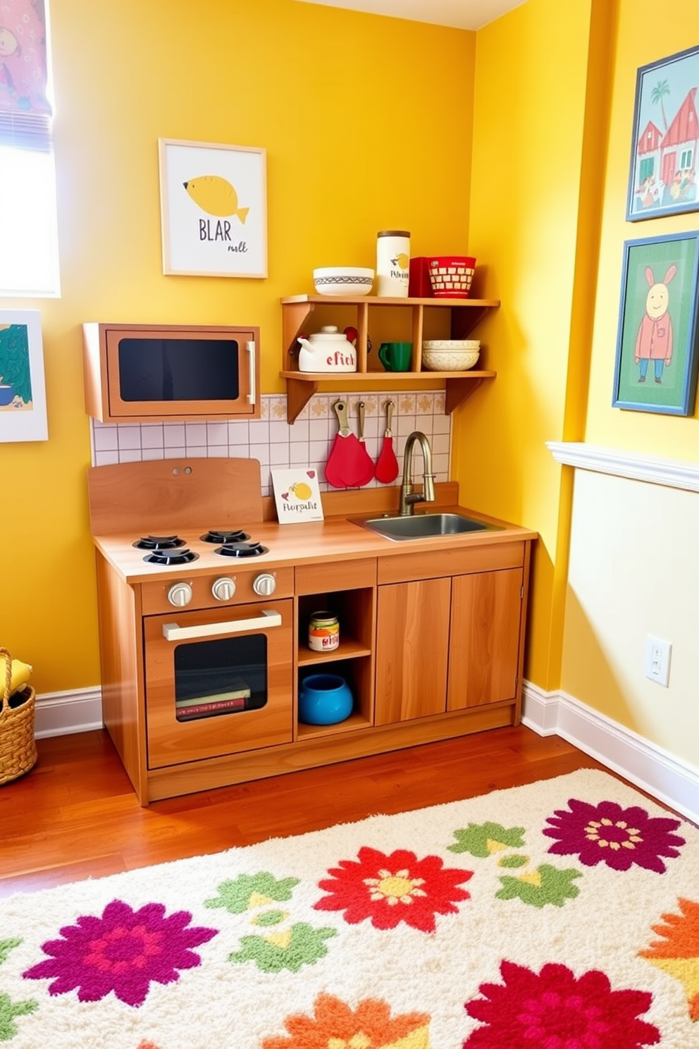 A charming play kitchen designed for imaginative role-play. It features a wooden play stove with knobs, a sink with a faucet, and shelves stocked with pretend food items. The walls are painted in a cheerful yellow hue, complemented by colorful artwork. A soft area rug in bright patterns adds comfort and a playful touch to the space.