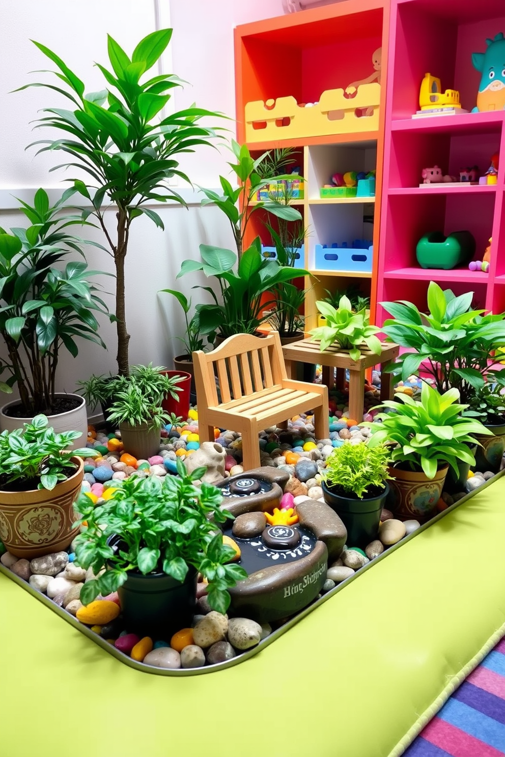 A miniature indoor garden featuring a variety of lush green plants in decorative pots. A small wooden bench sits in the center, surrounded by colorful stones and a gentle water feature for a tranquil atmosphere. A vibrant playroom designed with bright colors and playful patterns. Soft, cushioned flooring provides comfort, while shelves filled with toys and books encourage creativity and exploration.