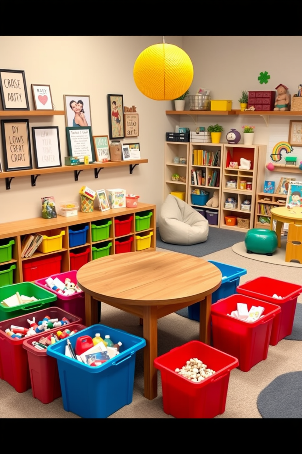 A cozy DIY craft corner with a large wooden table in the center surrounded by colorful storage bins filled with various craft supplies. The walls are adorned with inspirational artwork and shelves displaying completed projects, creating a vibrant and inviting atmosphere. A playful playroom designed with soft, durable flooring and a variety of activity zones including a reading nook with bean bags and a creative arts area. Brightly colored furniture and whimsical decor elements enhance the fun and engaging environment for children to explore and play.