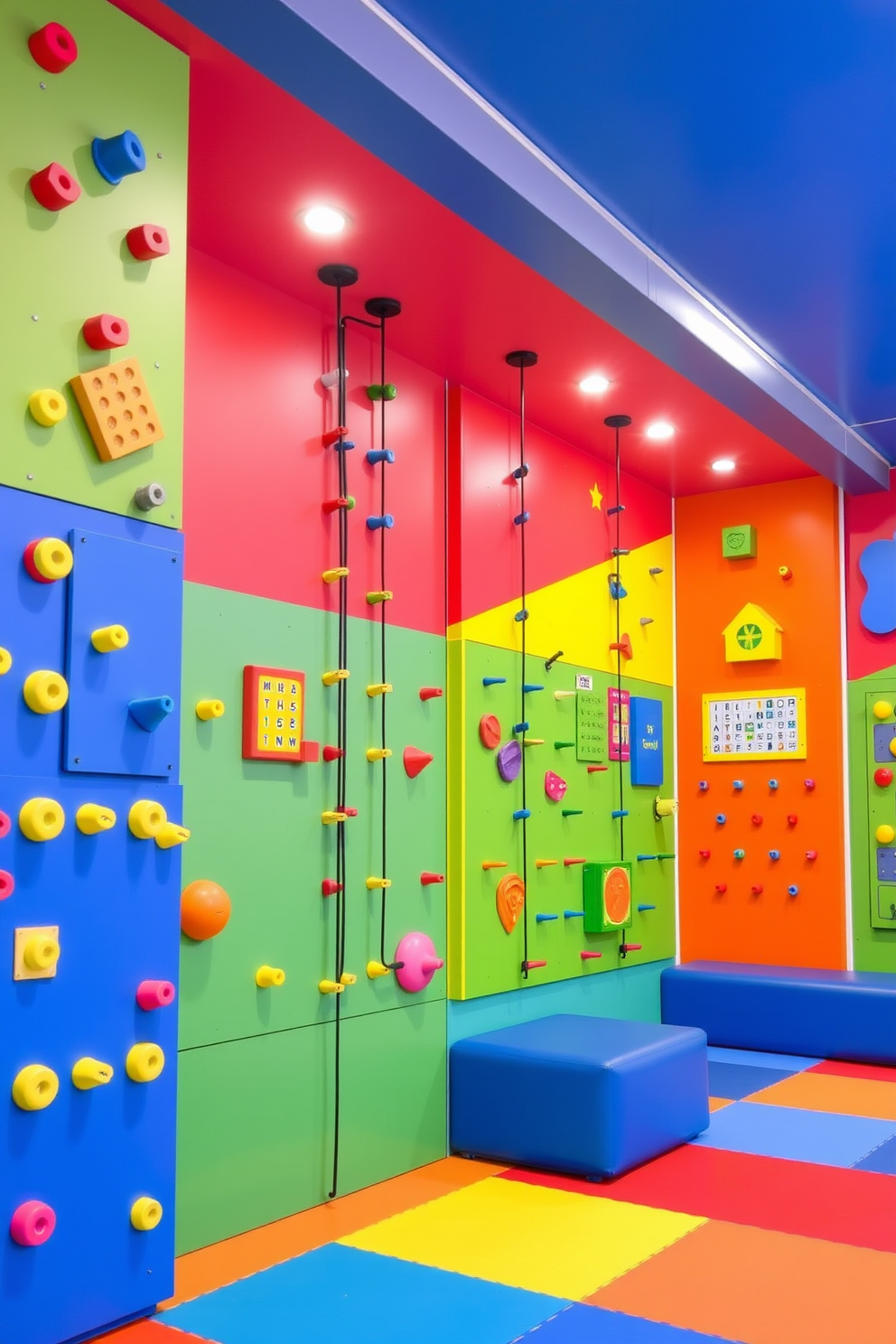 A vibrant playroom filled with wall-mounted games designed for vertical play. The walls are painted in bright colors, featuring climbing holds and interactive panels that encourage physical activity and creativity.