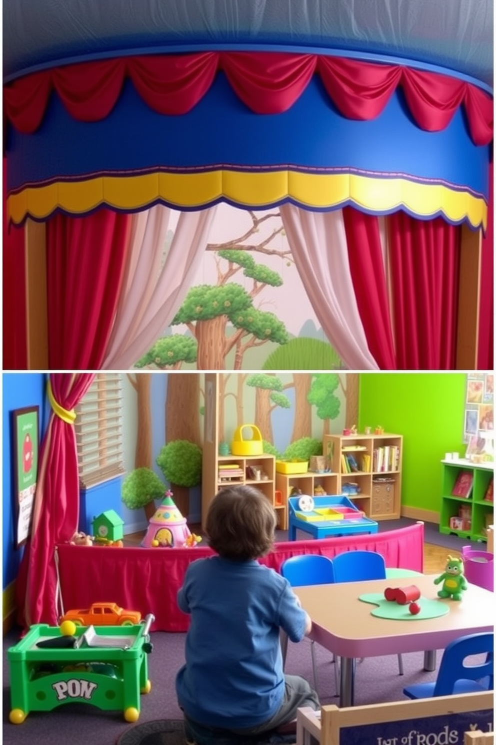 A whimsical puppet theater designed for storytelling adventures. The stage is adorned with colorful curtains and a backdrop featuring a magical forest scene. A vibrant playroom filled with interactive toys and creative spaces. The walls are painted in bright, cheerful colors, and a cozy reading nook is nestled in one corner.