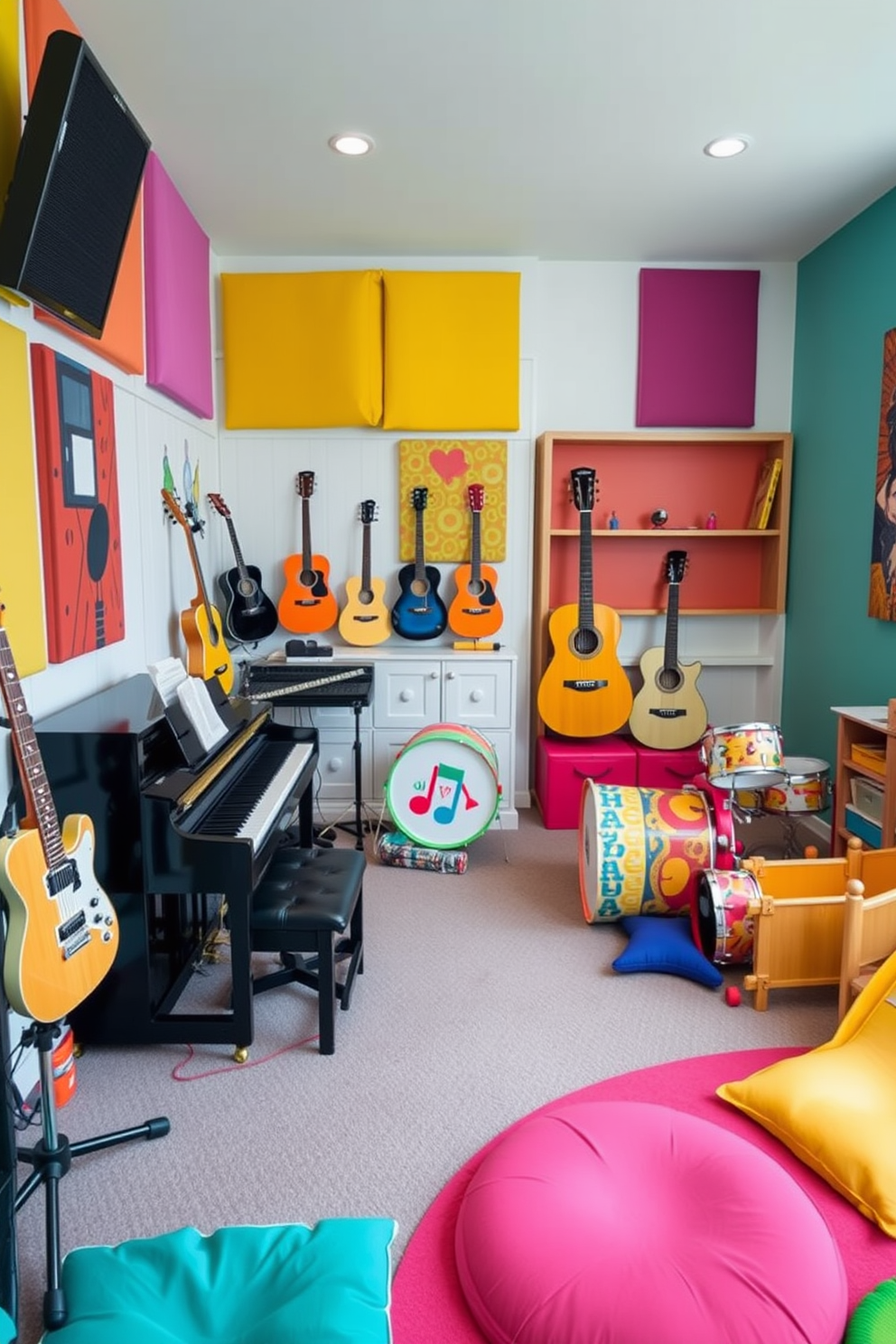 A vibrant playroom filled with color-coded bins neatly organized along the walls. Each bin is labeled for easy access, creating a fun and inviting space for children to play and learn.