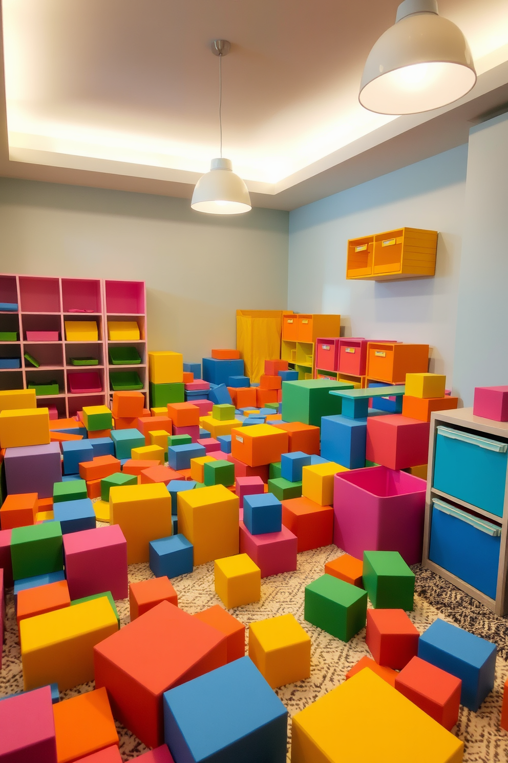 A cozy play area filled with colorful foam blocks in various shapes and sizes. The walls are painted in a cheerful pastel hue, and a plush rug covers the floor for added comfort. Brightly colored storage bins are neatly arranged to keep the space organized. Soft lighting fixtures hang from the ceiling, creating a warm and inviting atmosphere for children to explore and play.