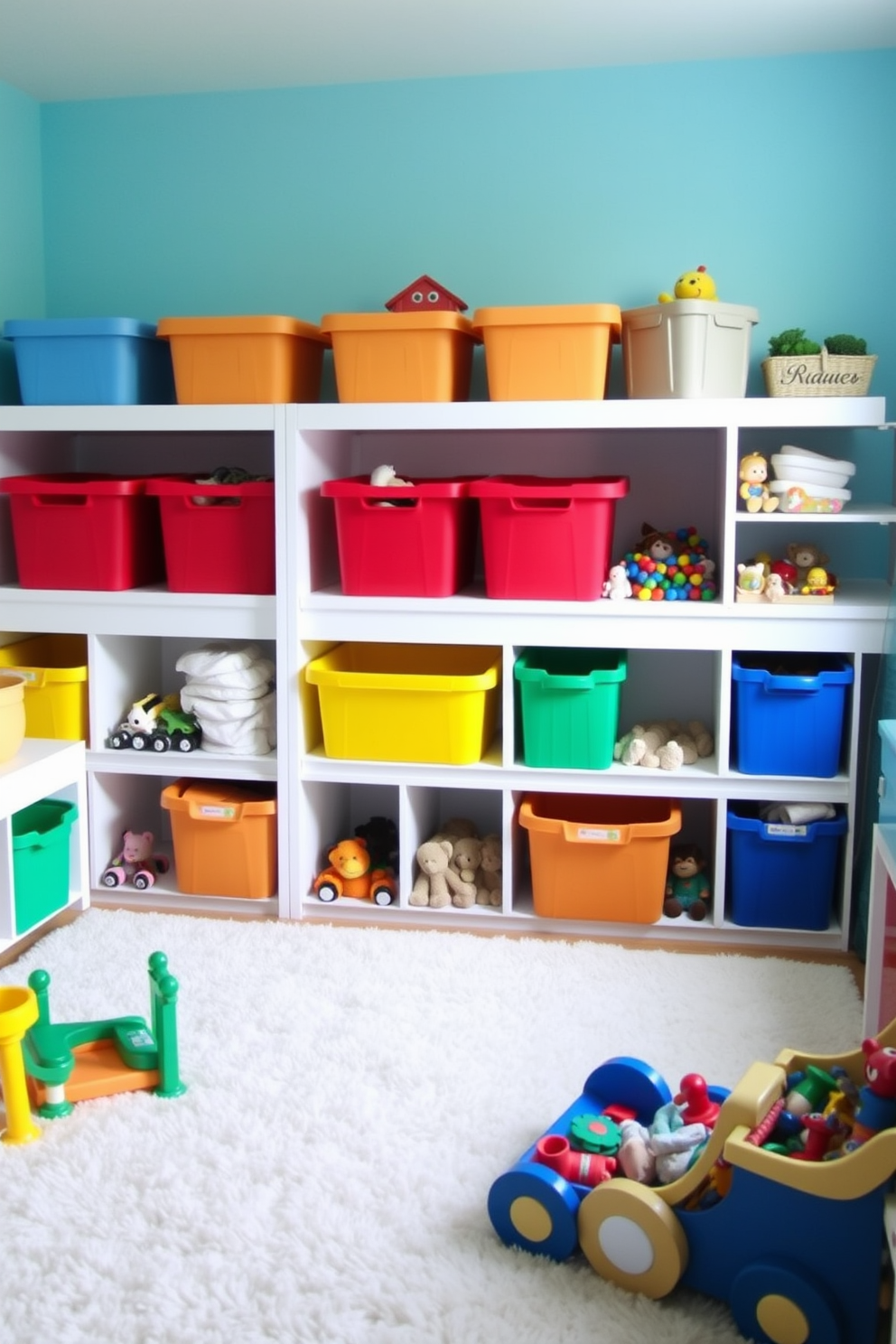 A cozy mini kitchen area designed for role play. It features a small wooden table with two chairs, a toy stove with colorful pots and pans, and a refrigerator adorned with magnetic letters. The walls are painted in a cheerful yellow, creating a bright and inviting atmosphere. A chalkboard is mounted on one wall, allowing for creative drawing and menu planning. Playroom design ideas that inspire creativity and fun. The space includes a soft rug, a reading nook with bean bags, and shelves filled with toys and books. Brightly colored wall decals of animals and trees add a whimsical touch to the room. A small table for arts and crafts is positioned near a window for natural light.