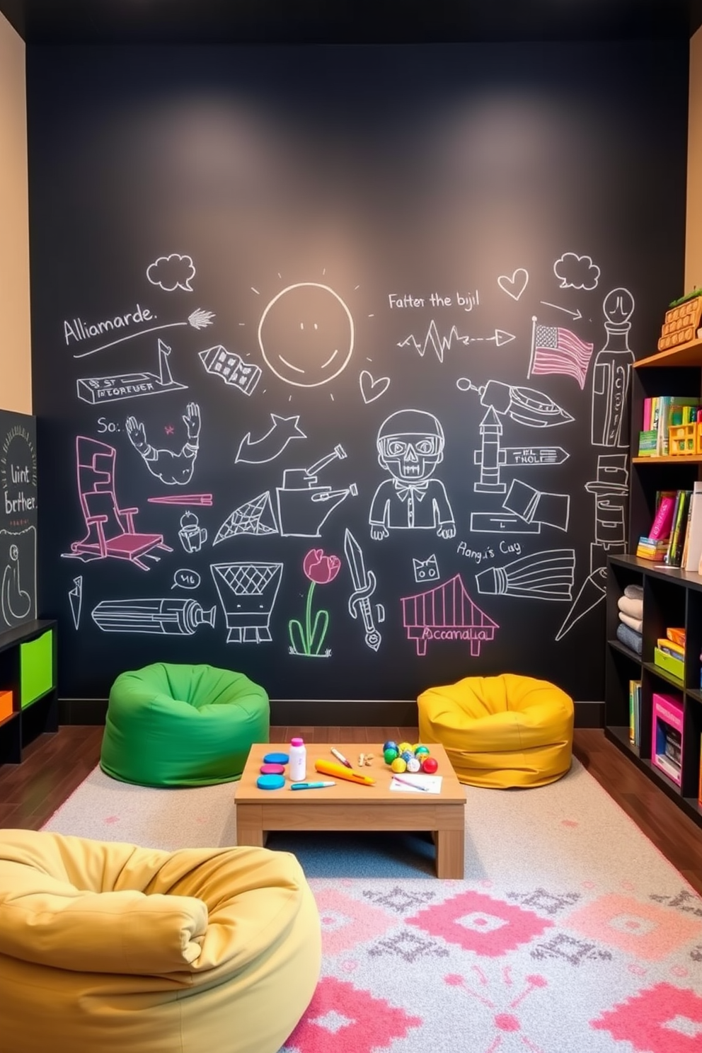 A playful playroom featuring an interactive chalkboard wall that encourages creativity and artistic expression. The space is filled with colorful bean bags, a low table for arts and crafts, and shelves stocked with toys and books.