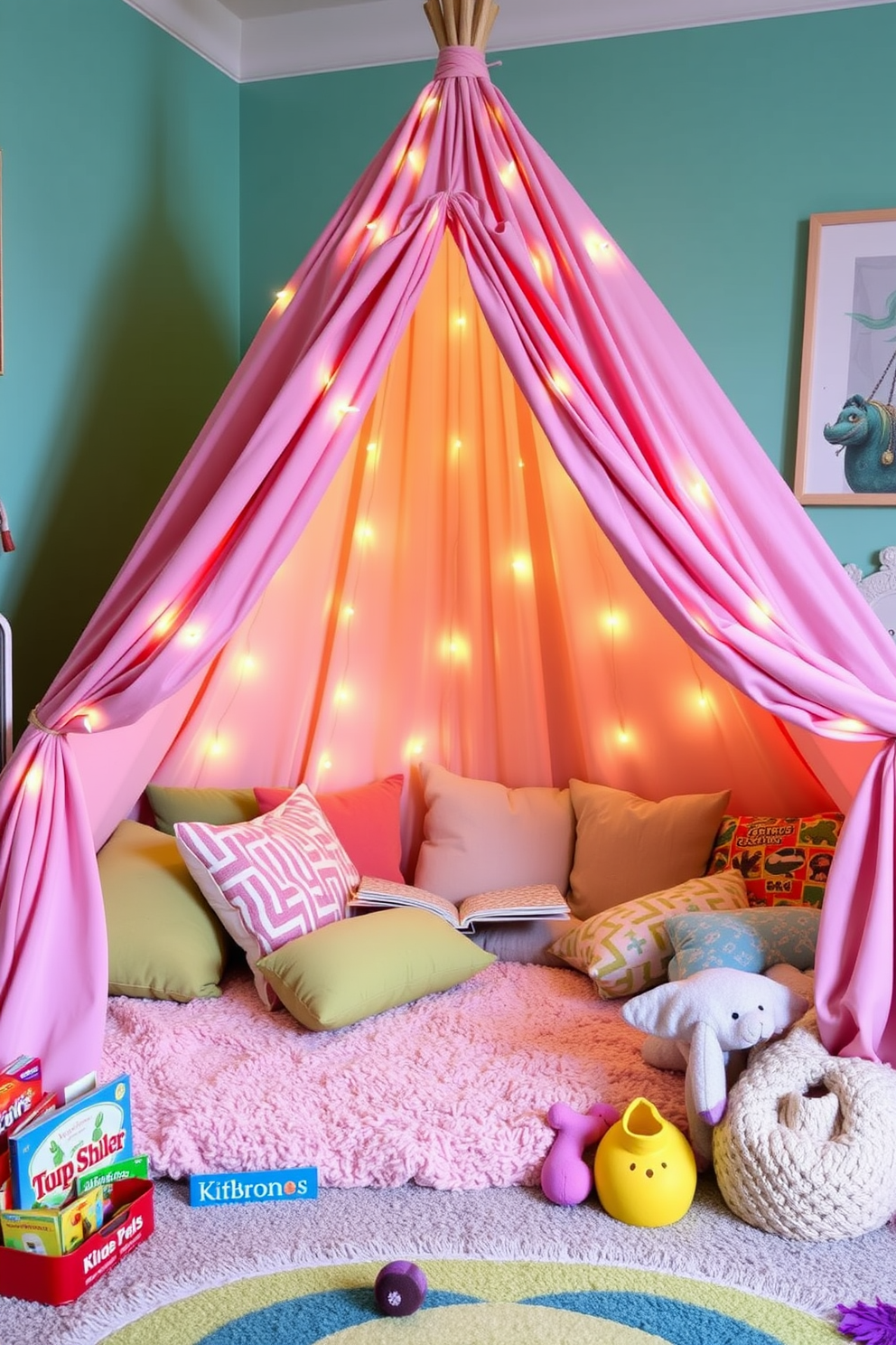 A whimsical tent or fort creates a cozy hideaway filled with soft cushions and twinkling fairy lights. The structure is draped in colorful fabrics, inviting children to explore their imagination and enjoy quiet reading time. For the playroom design, vibrant wall colors and playful artwork set the tone for creativity. A variety of toys and games are organized in stylish storage solutions, ensuring a fun yet tidy environment for play and learning.