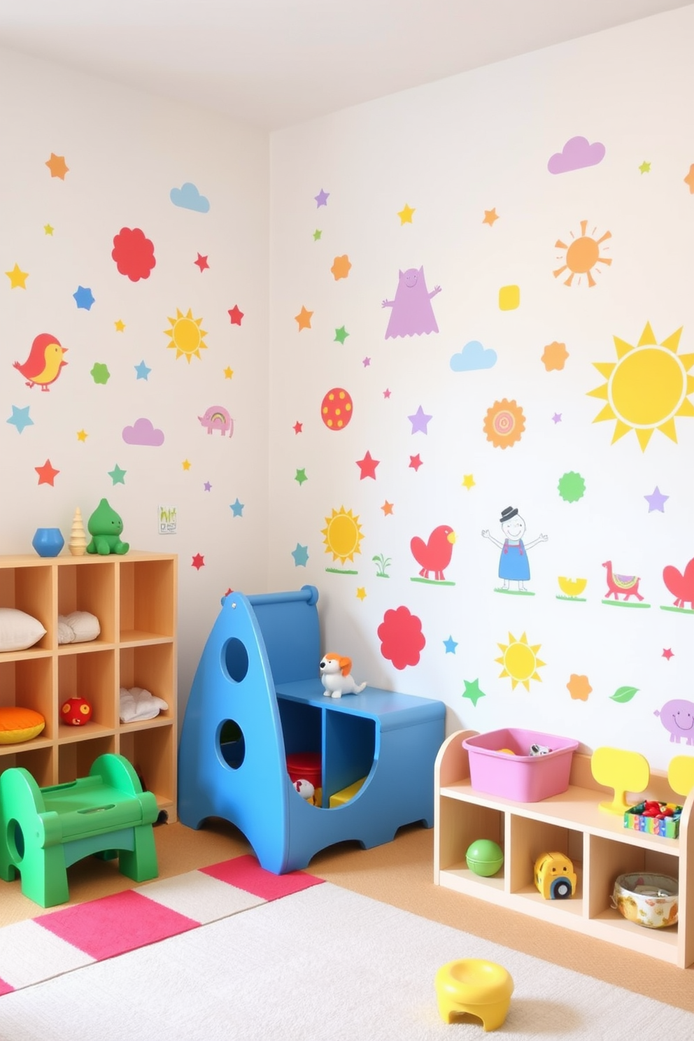 A vibrant playroom filled with colorful wall decals featuring whimsical shapes and characters. The walls are painted in a soft pastel shade, creating a cheerful and inviting atmosphere for children to play and explore.